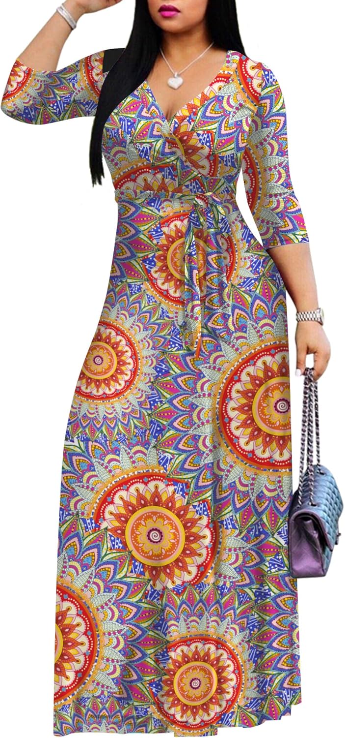 AOMONI Women's Floral Print Maxi Dresses Summer with Pockets Casual 3 4 Sleeve V-Neck Wrap Tie Waist Long Dress, M-3XL - Image 2