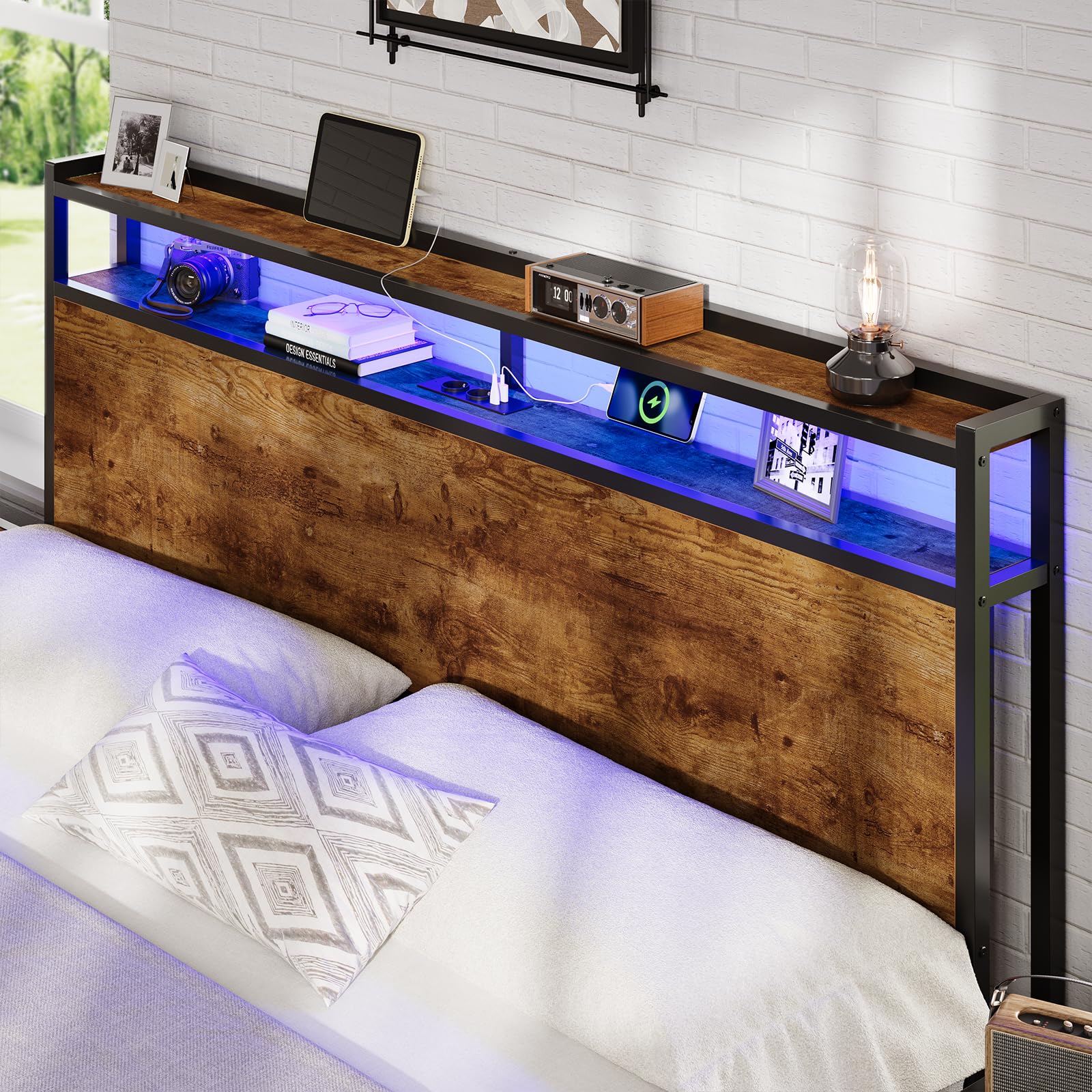 DICTAC Letto 120 x 200 cm con illuminazione LED, telaio del letto con presa e funzione di ricarica USB, letto in metallo 120 x 200 cm con testiera in legno, struttura del letto con rete a doghe e