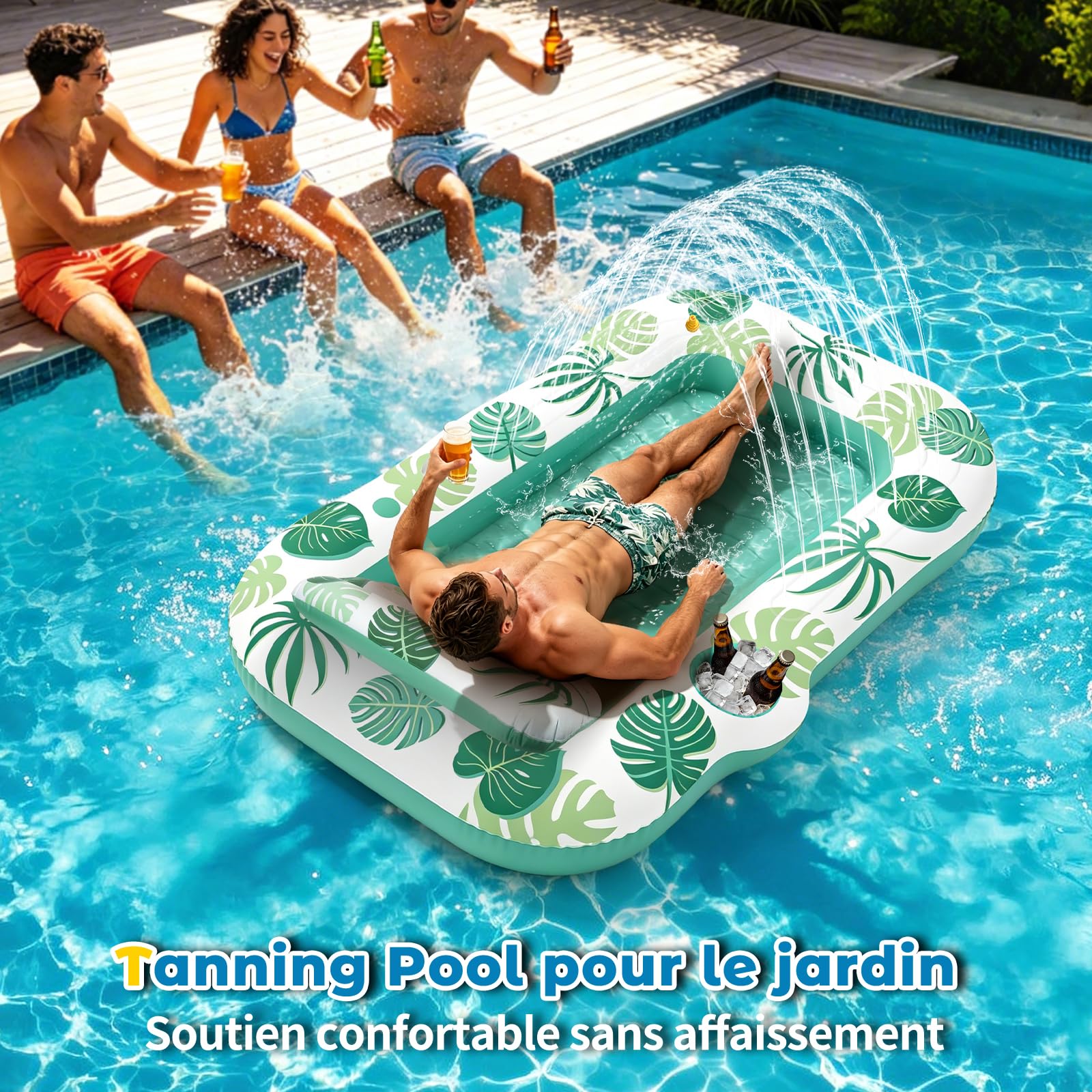 JONRRYIN Matelas Gonflable Piscine Adulte, Tanning Pool avec Fonction Brumisation & Porte-Gobelet, 215×150 cm Fauteuil Flottant, Hamac Gonflable pour Piscine et Plage