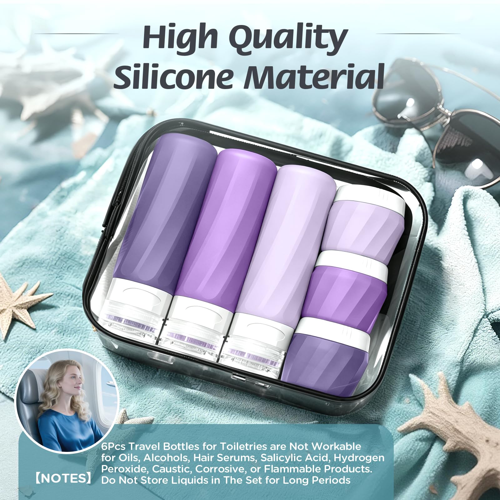 Set di 6 bottiglie da viaggio per articoli da toeletta, set di contenitori da viaggio approvati TSA, senza BPA, in silicone a prova di perdite, ricaricabili e barattoli, kit essenziale da crociera in