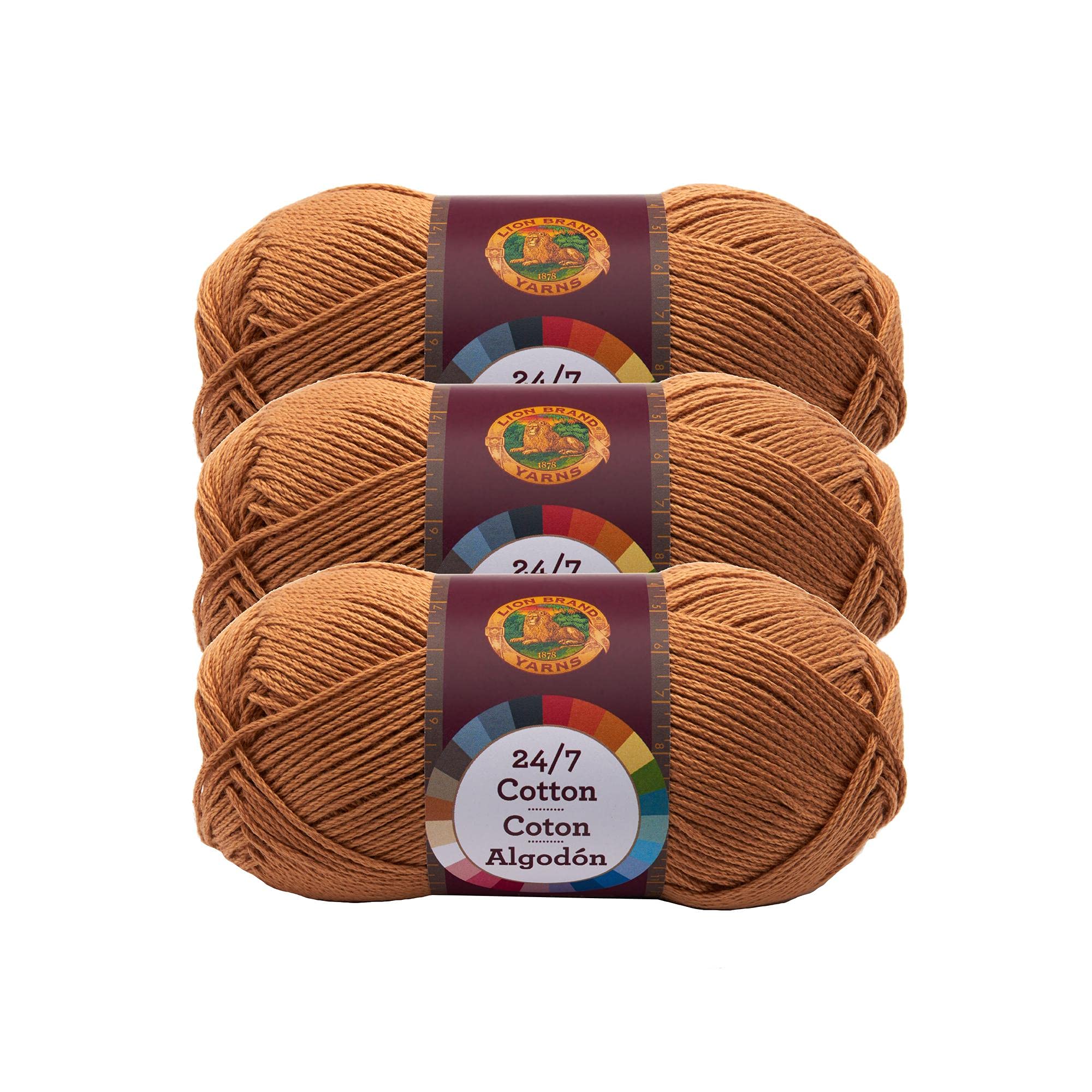 Lion Brand YarnLion Brand 24/7 Cotton Yarn, Lightweight Yarn for Knitting, Crocheting, and Crafts, Camel, 3 Pack