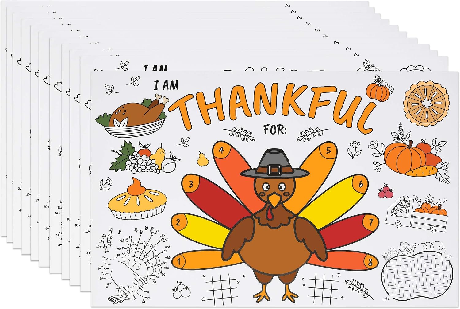 Thanksgiving Color Your Own Placemats Kids Set of 12 I Am Thankful for