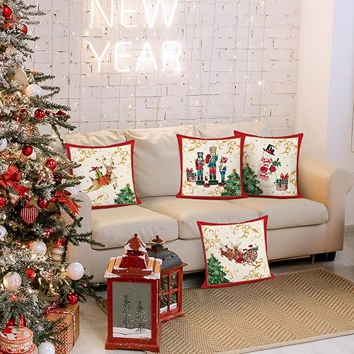Miniatura 4 de Bonhause Juego de 4 fundas de almohada de reno de Navidad de 18 x 18 pulgadas, cascanueces de Papá Noel, muñeco de nieve, almohadas decorativas para