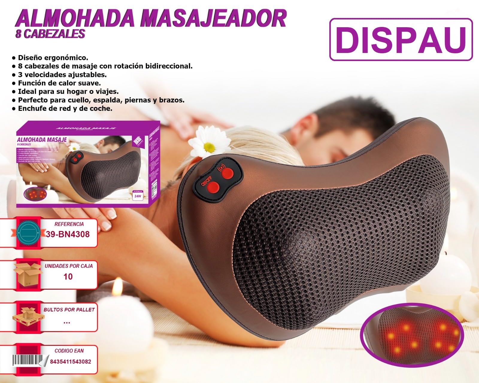Almohada de Masaje - Diseño Ergonómico, 8 Cabezas Bidireccionales, 3 Velocidades Ajustables, Función de Calor Suave, Ideal para Hogar y Viajes, Incluye Adaptador para Coche y Pared