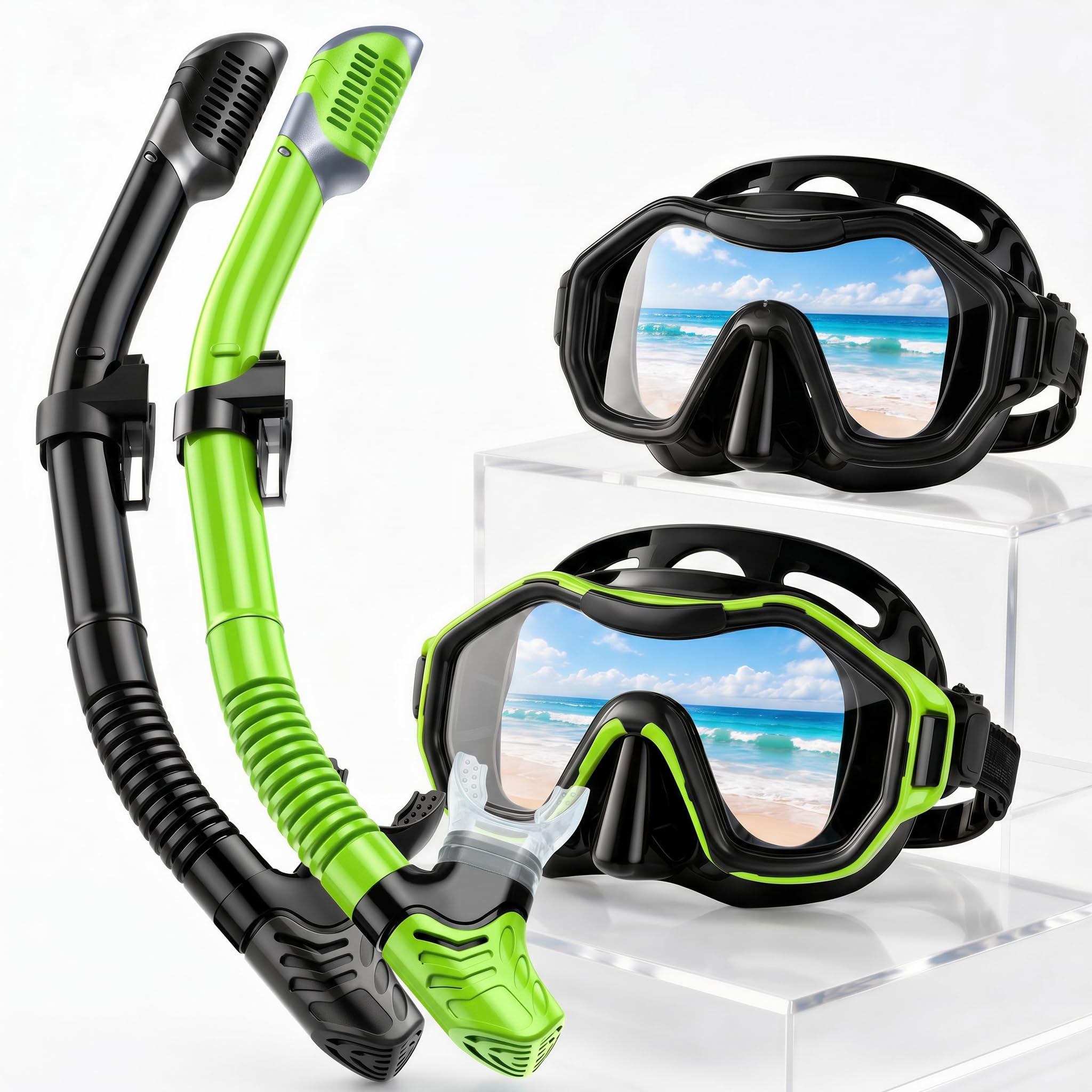 Equipo de esnórquel para adultos, máscara de esnórquel con parte superior seca, panorámica de 180°, máscara de esnórquel para adultos, para esnórquel, buceo, natación, viajes (adultos)