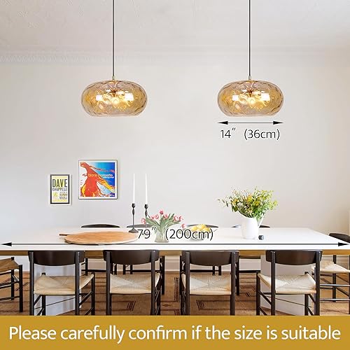 Miniatura 6 de Lámpara colgante grande de cristal, pantalla martillada de 14 pulgadas, lámpara colgante de 3 luces de latón dorado para comedor, sala de estar,