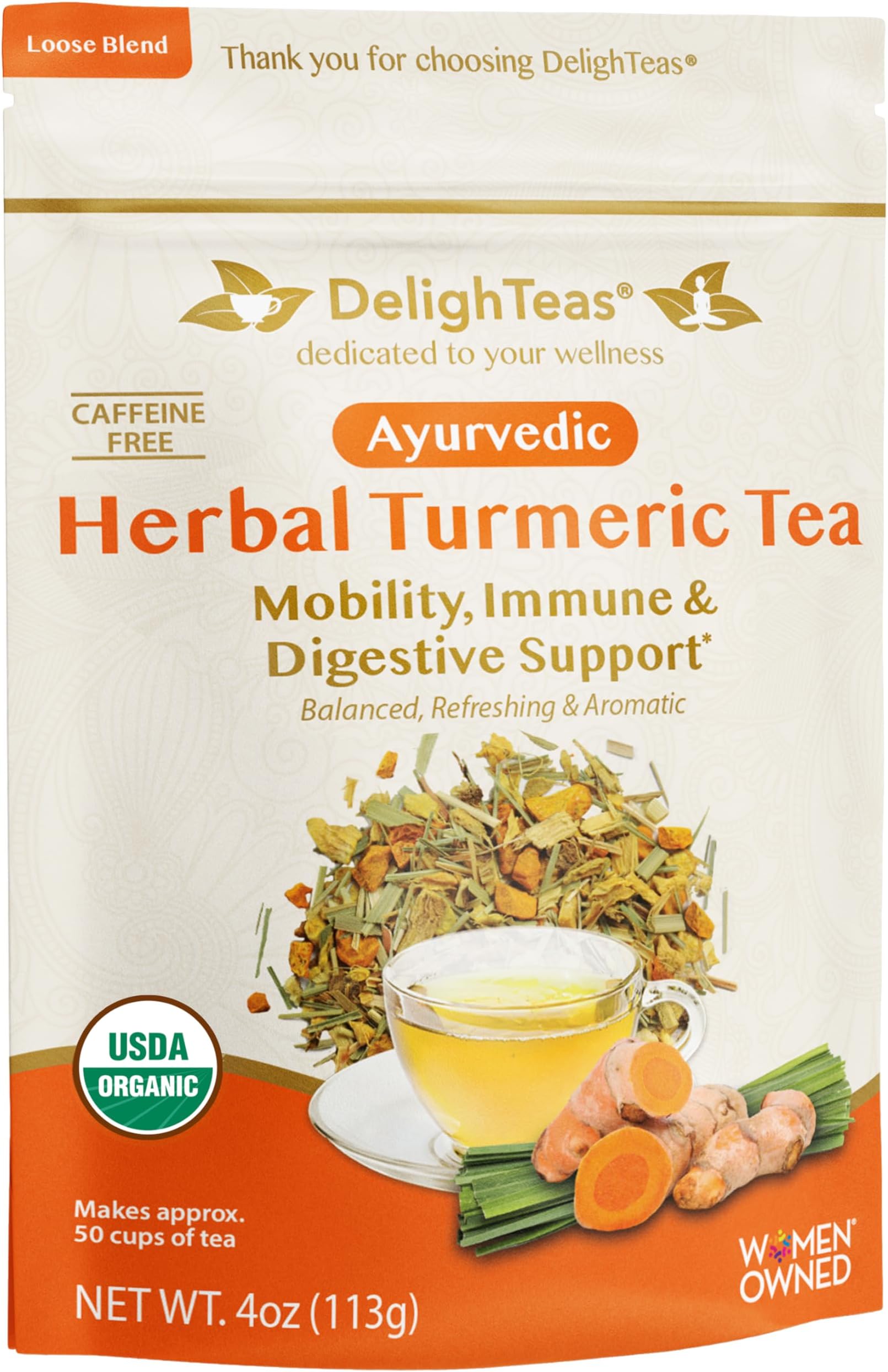 DelighTeas Organic Turmeric Ginger Tea | Ayurvedic Loose Leaf Herbal Turmeric Tea for Mobility, Immune & Digestive Support | Non-GMO, Caffeine Free, Unsweetened | 50 Servings, 4oz.