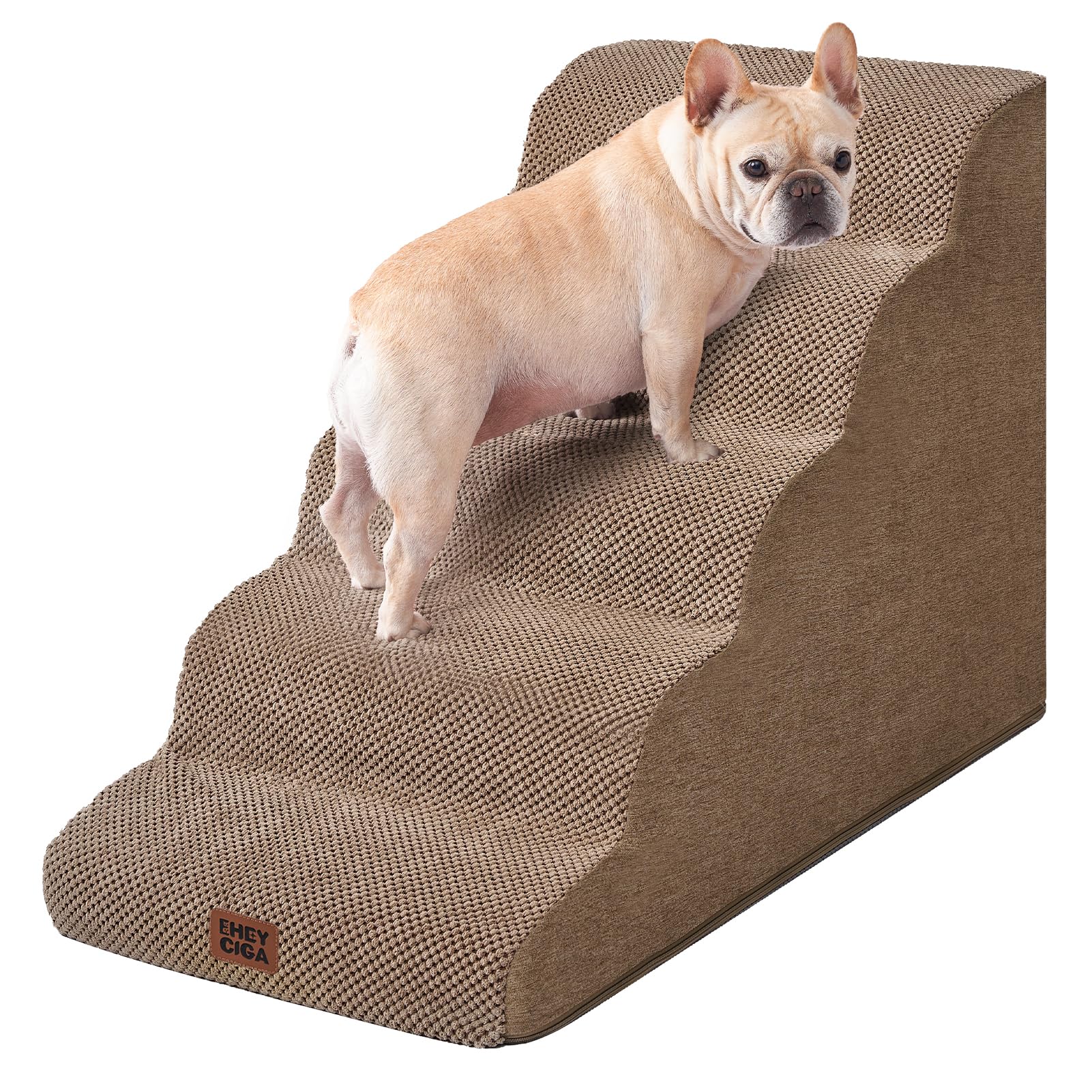 EHEYCIGA Curved Dog Stairs Ramp for High Beds, 5-Step Extra Wide Dog Steps for Small Dogs and Cats, Pet Stairs for High Bed Climbing, Non-Slip Balanced Pet Step Indoor, Camel