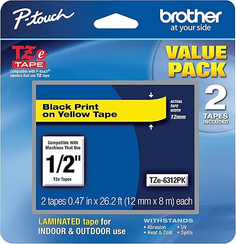 Brother Cinta P-Touch genuina, TZe-6312Pk de pulgada (0.472 in), paquete de 2 cintas laminadas P-Touch, negro sobre amarillo, perfecta para uso en