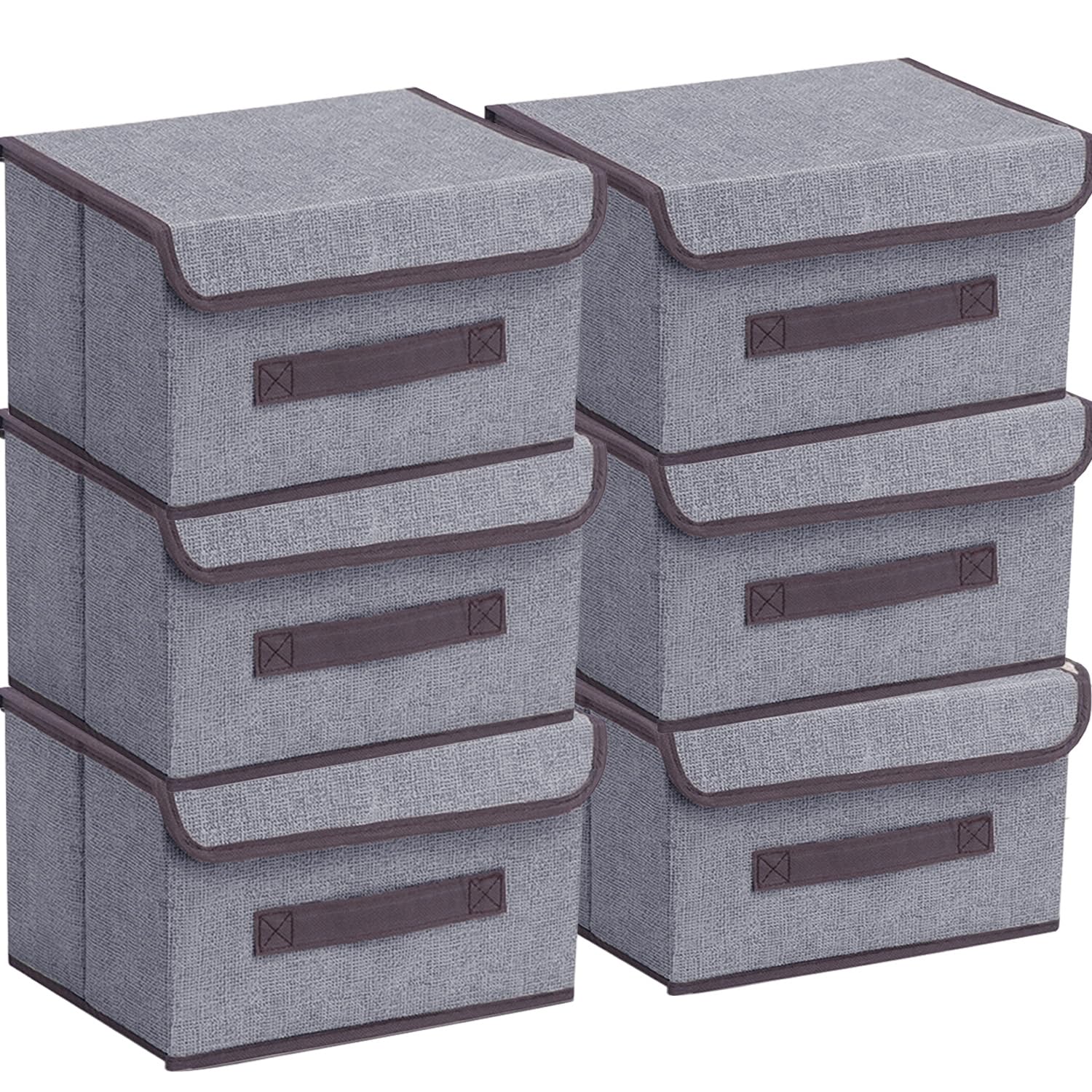 Punklong Storage Boxes with Lids Fabric,6 Pack Collapsible Storage Box,25.5 * 19 * 16cm Foldable Fabric Storage Box with Lid for Wardrobe, Bedroom, Nursery, Office, Toys, clothes (Grey)