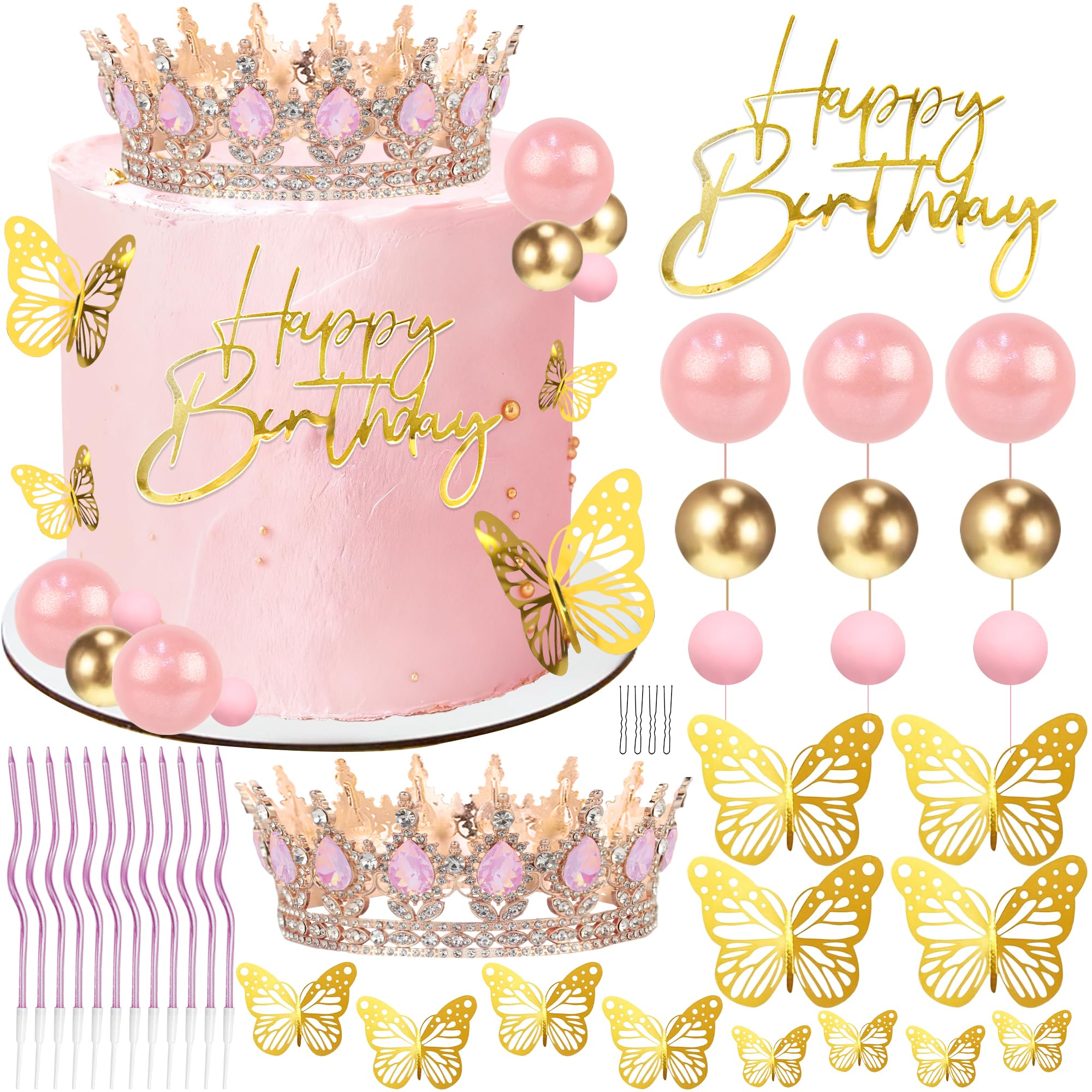 Happy Birthday Crown Cake Topper Candles Butterfly Balls Decoration
