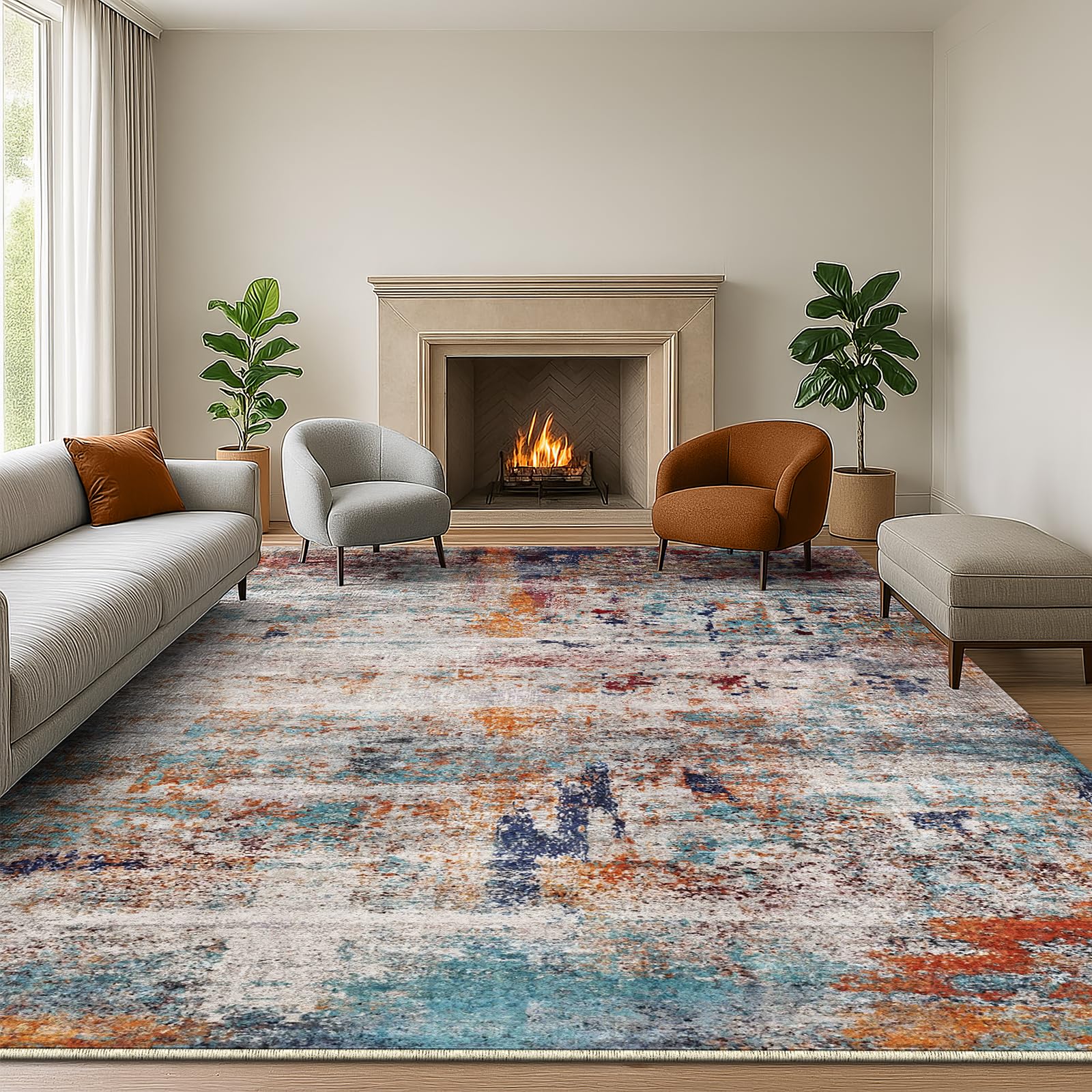 SOANNY Living Room Rug 160x230 cm Large Non-Slip Washable Low Pile Modern Abstract Area Carpet for Bedroom, Hallway, Kitchen, Laundry, Entryway, Utility, Beside Sofa, Office, Neutral Rust Multi