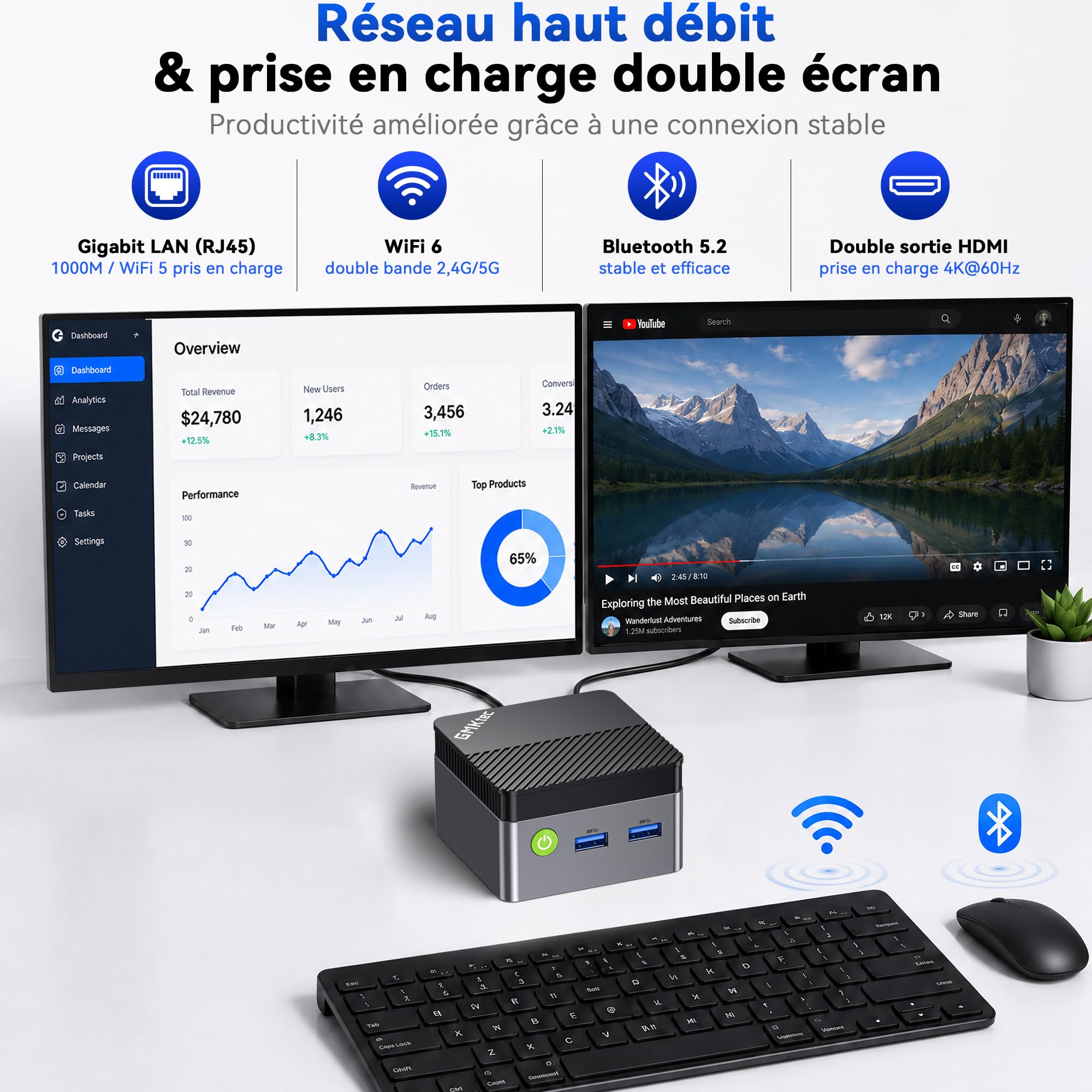 GMKtec G5S Mini PC, Intel N5095 hasta 3,6GHz,8GB LPDDR4, SSD de 128GB, 2*HDMI, Pantalla 4K, WiFi 6, Bluetooth 5.2, Gigabit Ethernet, 3 *USB 3.2, Micro SD, VESA para Empresas y oficinas domésticas
