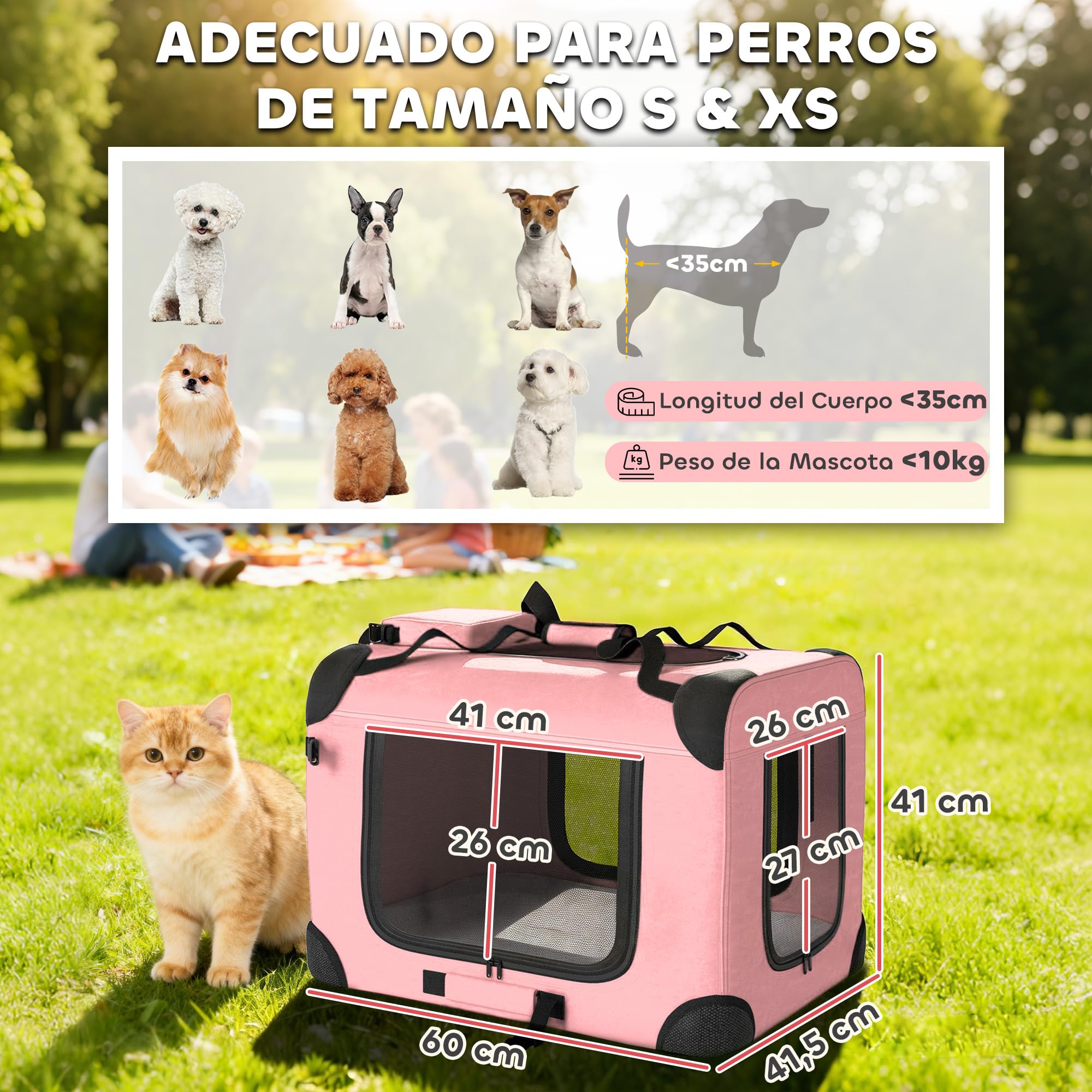 PawHut Transportín para Perros Plegable, 60x41,5x41 cm, Transportín para Mascotas con Ventanas de Malla, Cojín Suave y 2 Asas, Bolsa de Transporte para Mini Perros, Gatos, Rosa