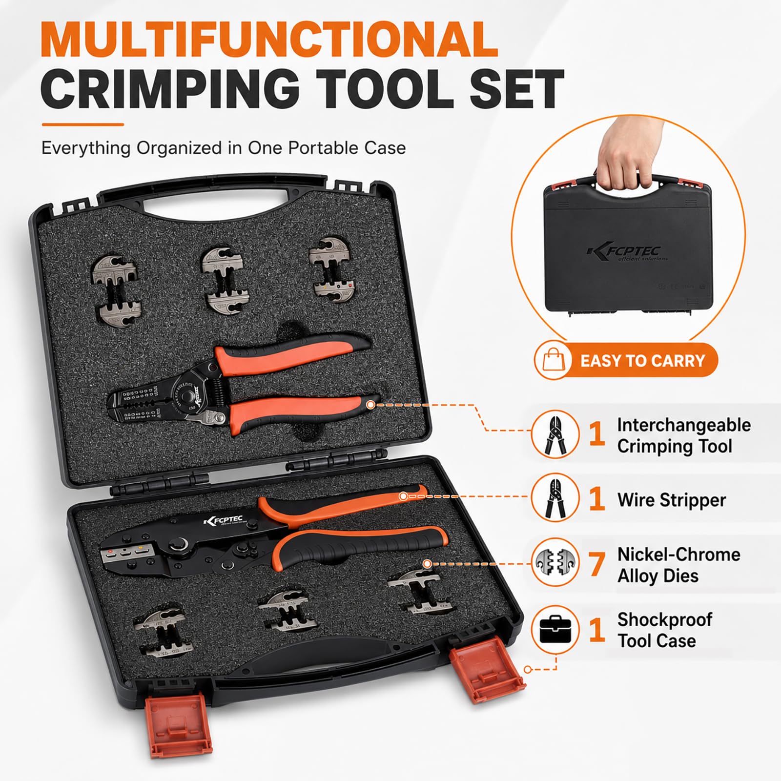 KF CPTEC Juego de 9 Piezas Crimpadora -Alicates con mordazas cambiables para engarzar para Cables Eléctricos,termorretráctiles,no aislados,de nylon,conector solares,terminales Férula,dupont