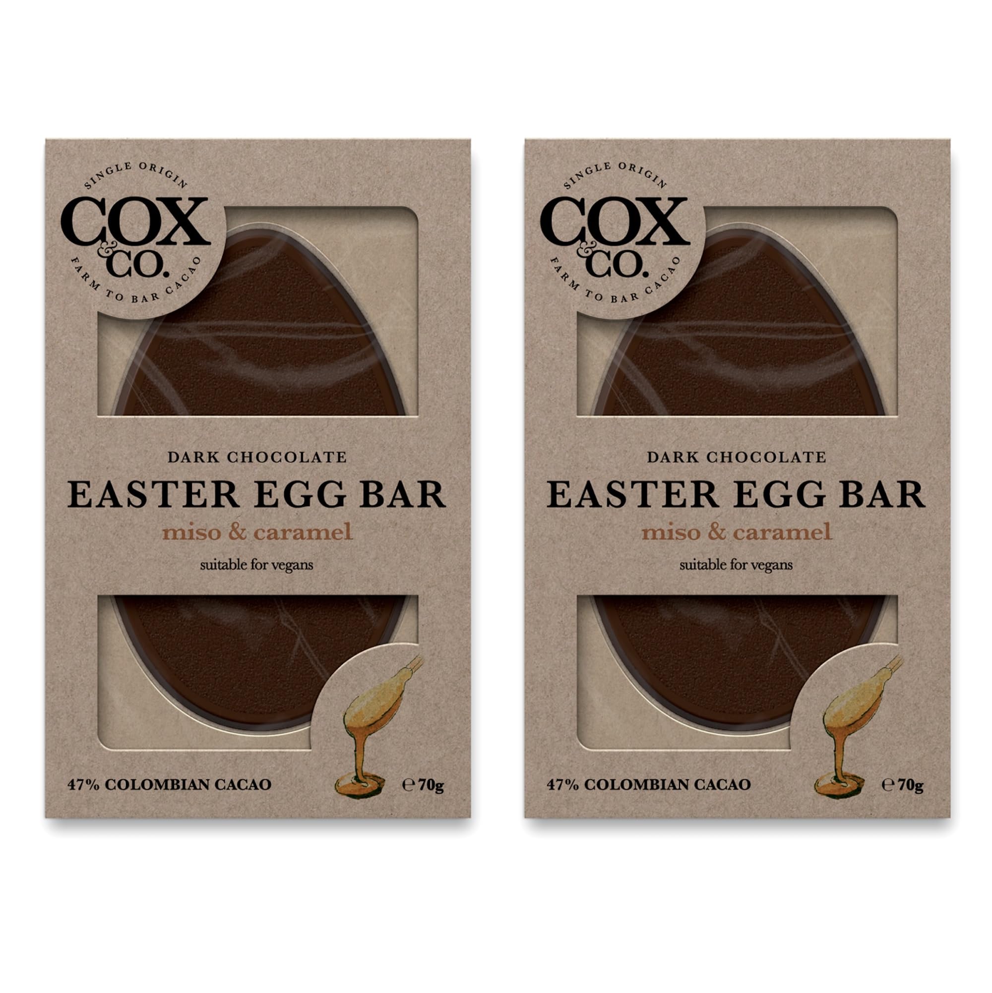 Cox&Co - 2 x 70g Medium Flat Easter Egg Bars in 47% Dark Single Origin Chocolate and Miso & Salted Caramel - Vegan Easter Egg Bar - Luxury Easter Gift For Adults