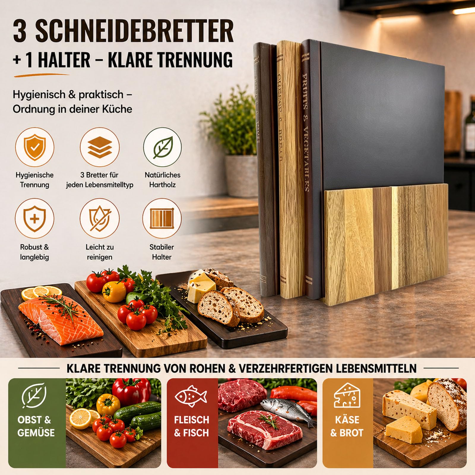 3er Set Schneidebrett Bibliothek Buchschneidebrett mit Ständer, das aussieht wie Bücher, Küche Schneidebrett Holz Set für Brot Käse Obst Gemüse Fleisch
