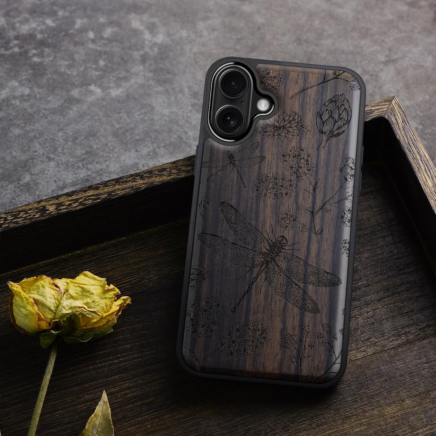 Carveit Magnetic Wooden Case for iPhone 16 Case, Wood Artisan Engraved & Black Soft TPU Shockproof Cover, Compatible with MagSafe Wireless Chargers (The Dragonfly Dance) Blackwood