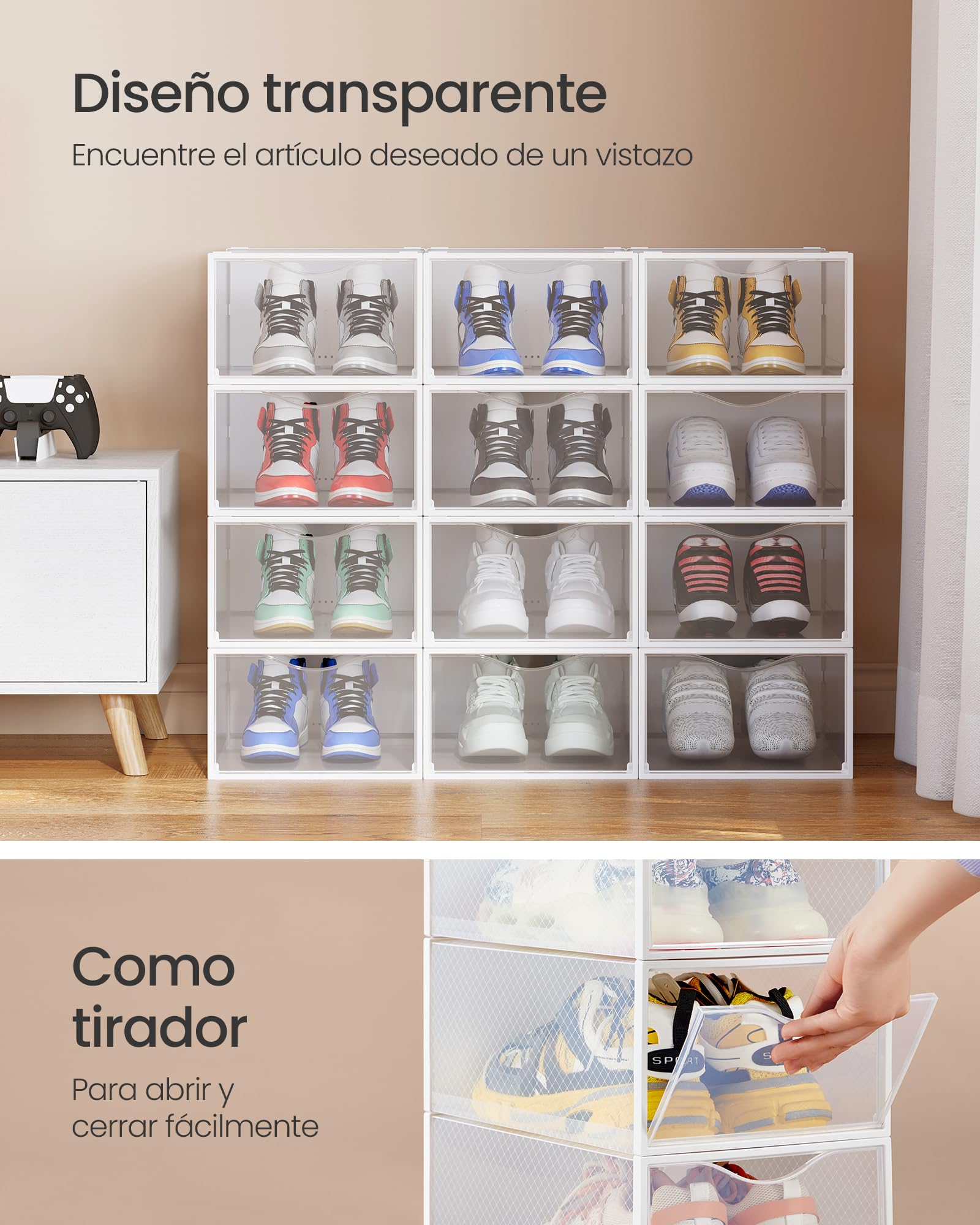 SONGMICS Cajas para Zapatos, Organizador de Zapatos de Plástico, con Puerta, Transparente, Juego de 12, Apilable, 33,2 x 23 x 14,5 cm, para Zapatos hasta 43, Transparente y Blanco Nube LSP312W01