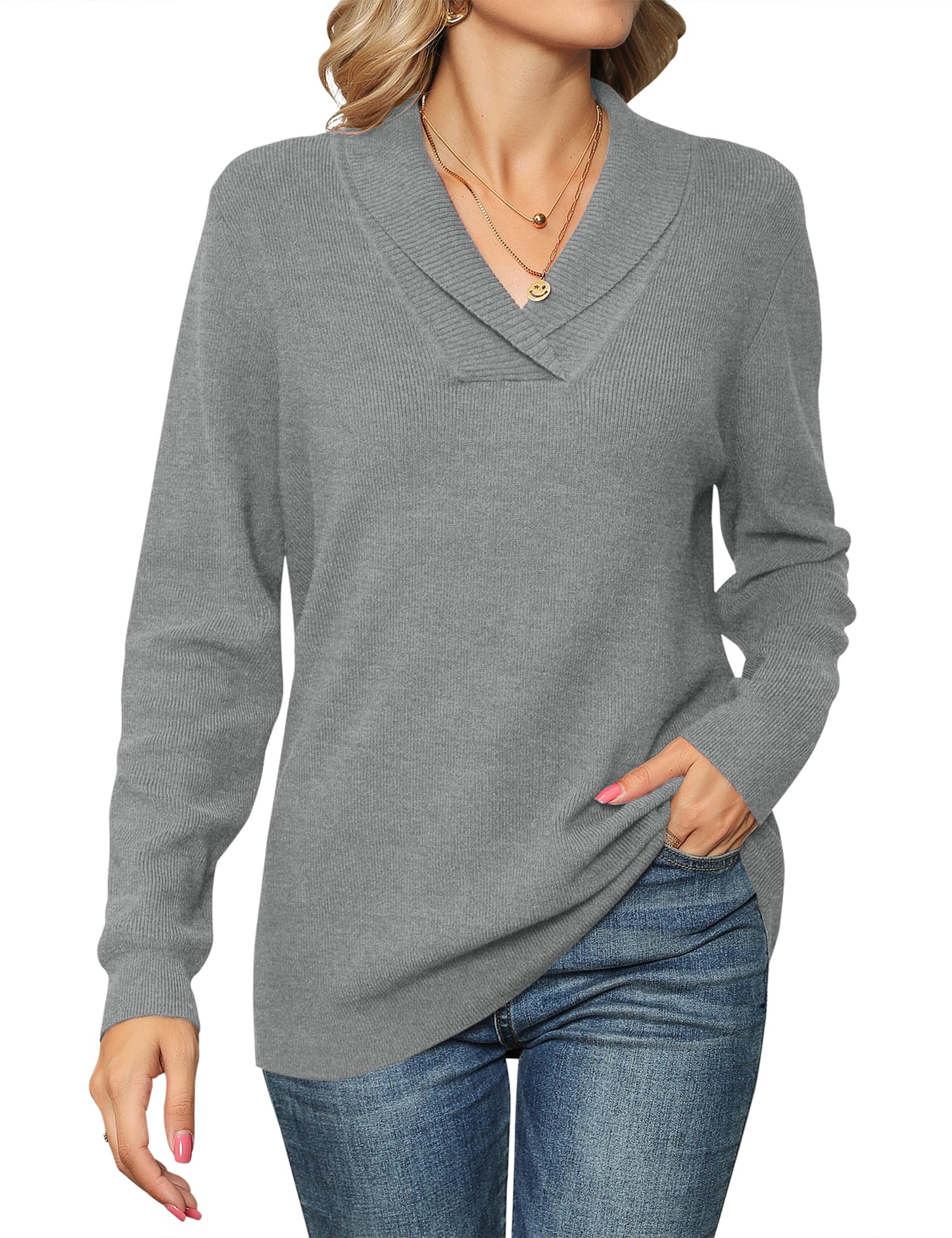 Ivicoer Women Long Sleeve V Neck Pullover Collar Knitted Sweaters