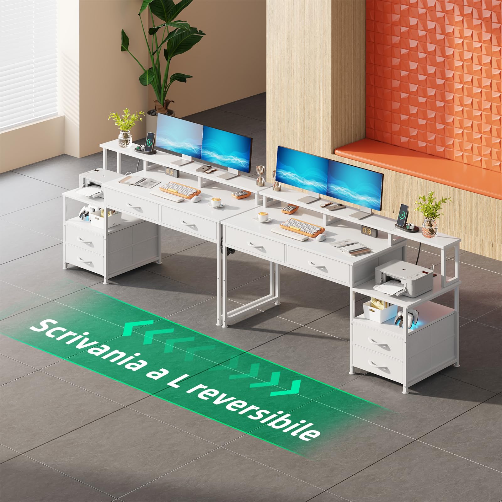 CAIYUN Scrivania Gaming LED, Scrivania da Gamer con Stoccaggio, Scrivania da Gamer con 4 Cassetti & Presa Integrata, Tavolo Computer Reversibile con Ripiani di Stoccaggio & Supporto Monitor (Bianco)