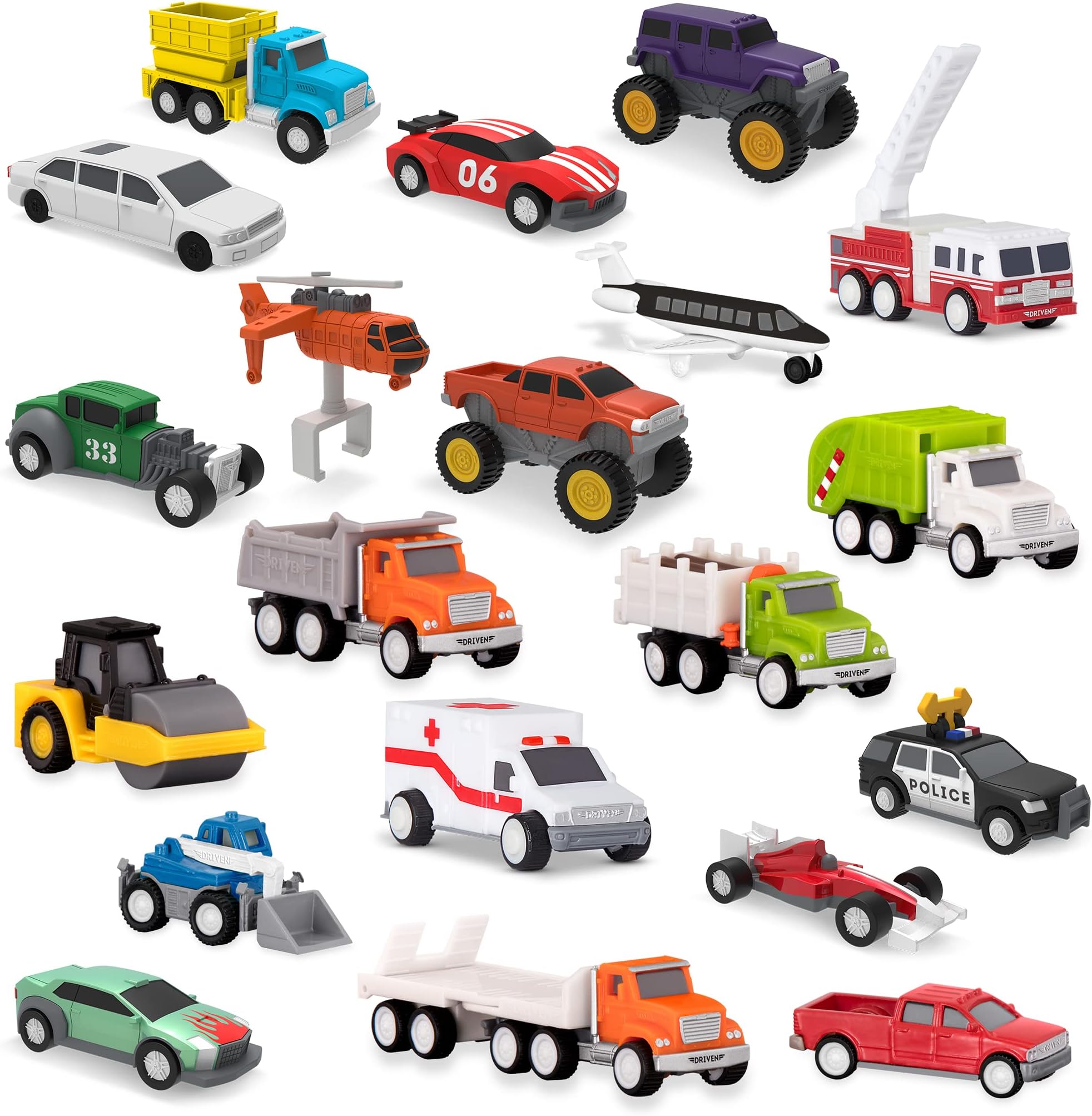 20-Pack Pocket Fleet Toy Vehicle Set – Includes Airplane, Monster Truck, Construction & Rescue Cars – Durable Toys for Imaginative Play – for Kids Ages 3+