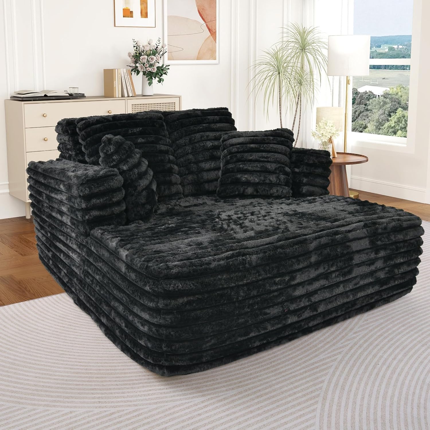Oversized Chaise Lounge Indoor, Modern Plush Corduroy Fabric Deep Seat Boneless Memory Foam Sleeper Chaise Lounge Sofa Chair with Pillows for Living Room Bedroom Studio, No Assembly Couch, Black