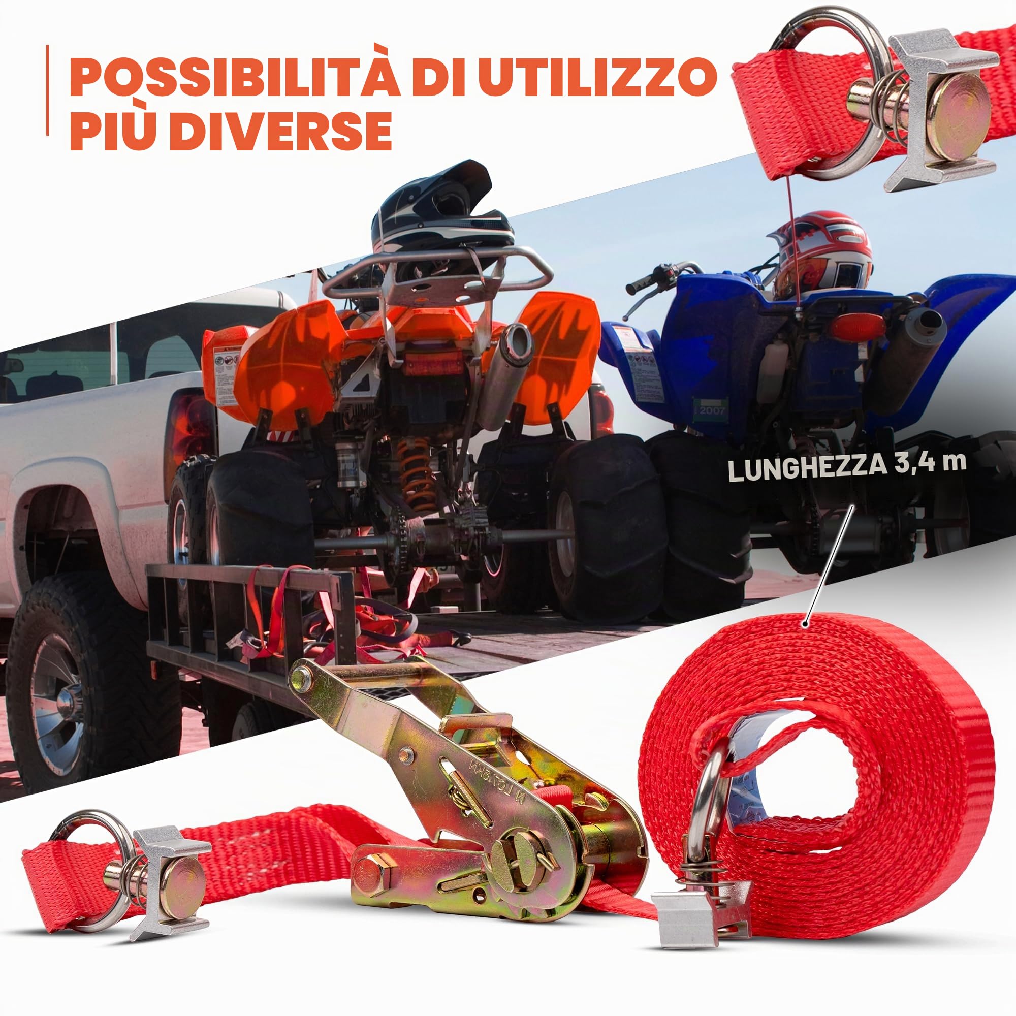 10 pezzi | Cinghia di fissaggio in due parti | Cinghie di tensionamento | con cricchetto per binario aereo | con raccordo | 3400 mm | 2 pezzi DIN EN 12195-2 | Binario di fissaggio