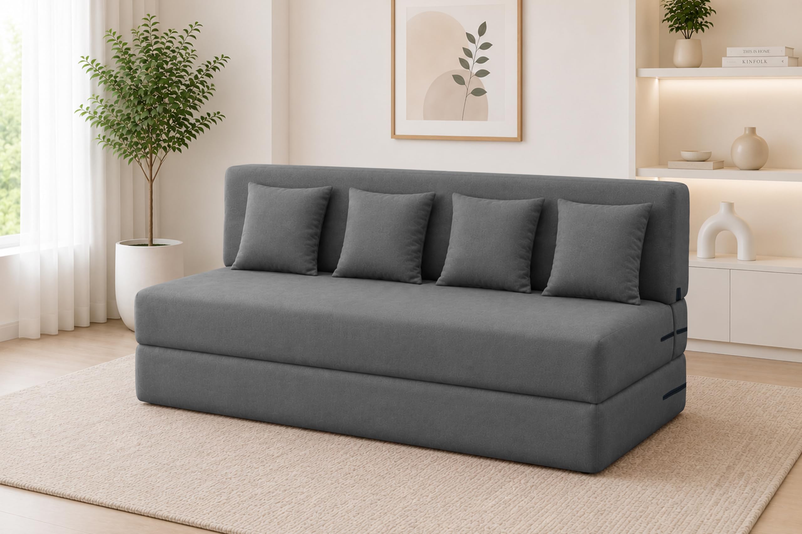 Los Angeles Foldable Four Seater Sofa Cum Bed, Sofa Bed 6 X 6 Feet Jute Fabric Washable Cover Including 4 Cushion Perfect for Living Room & Office Guest Room - Grey Color-image-9