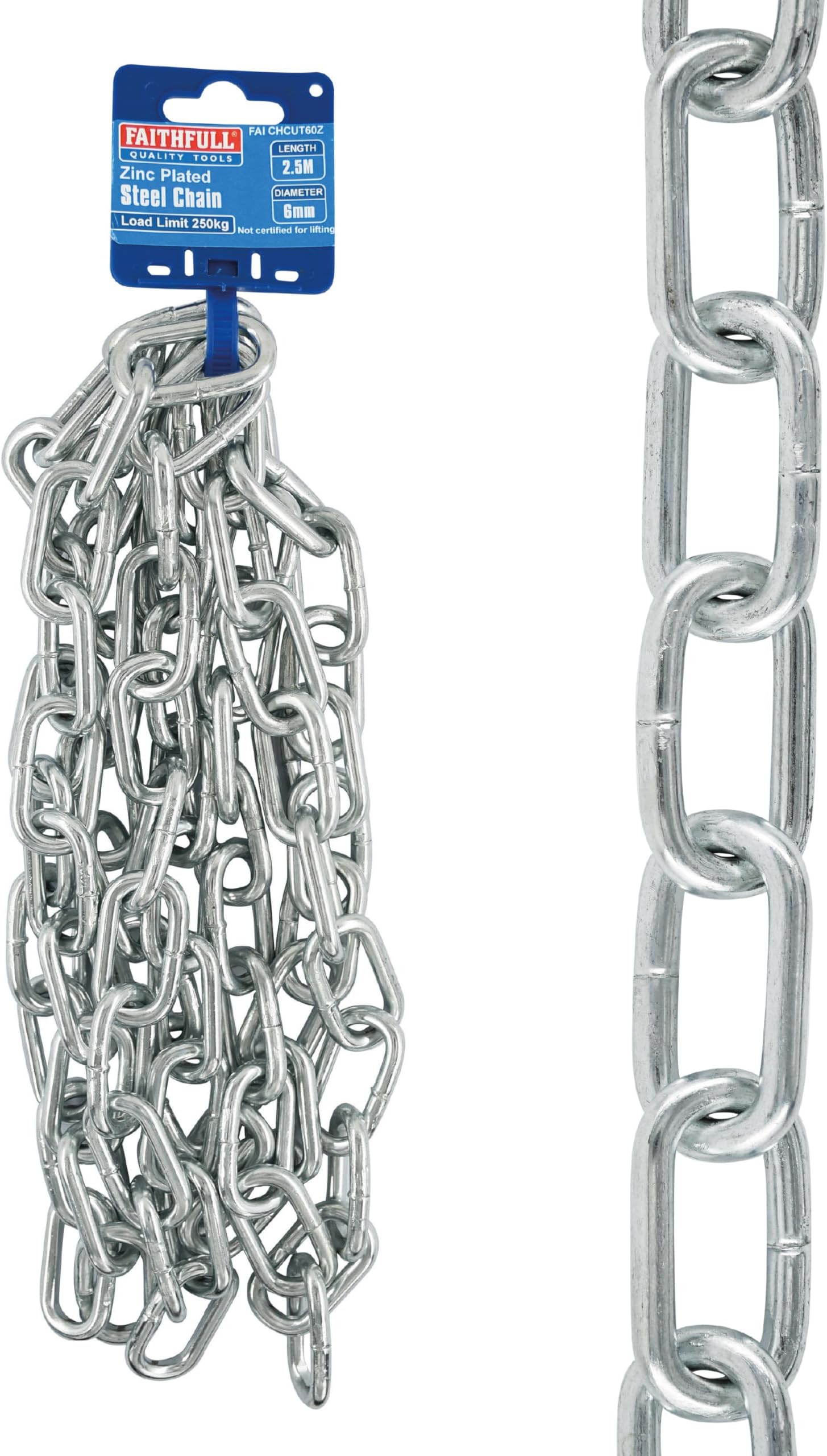 Faithfull Zinc Plated Steel Chain Reel A-Link – Mild Steel Welded, DIN5685, Rust Resistant Link Chain for Securing & General Purpose Use – 2.5 Metre Length, 6mm Dia, 250kg Load Limit