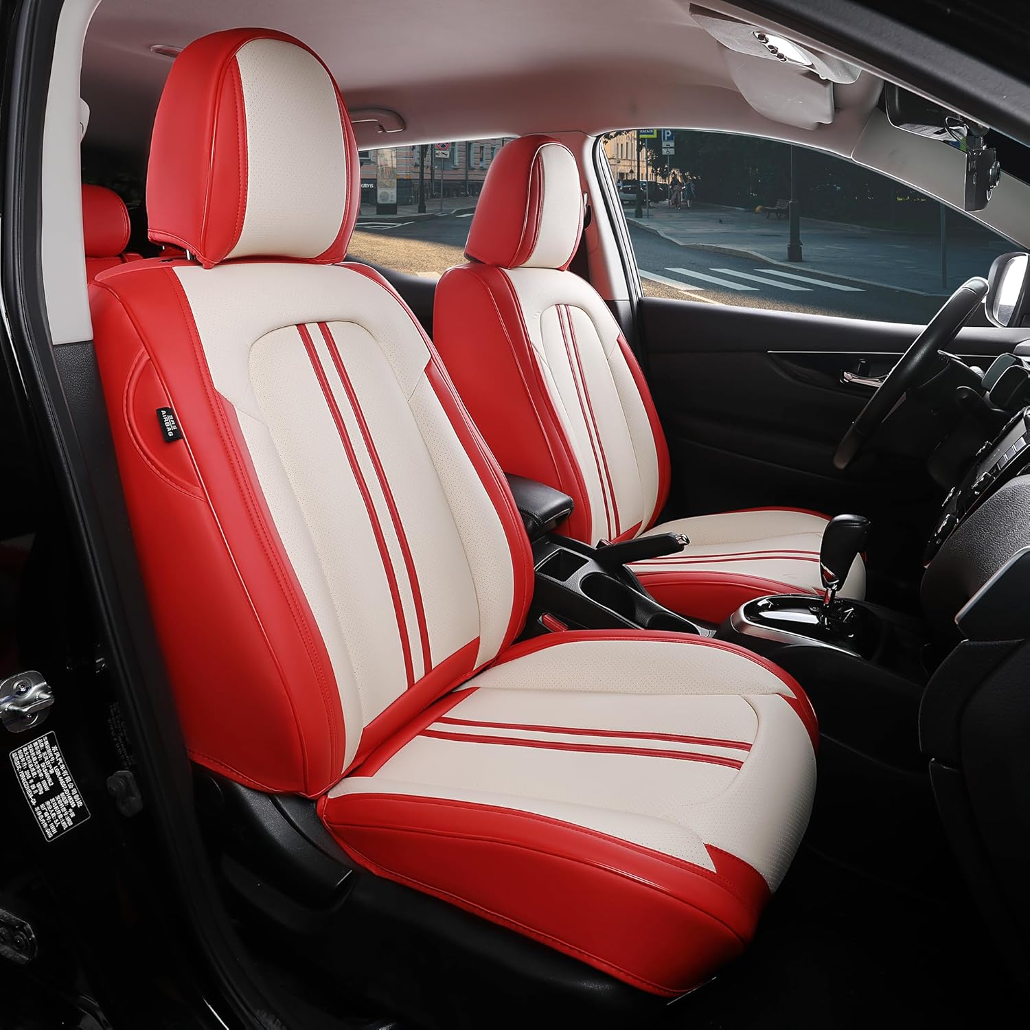 FREESOO Leather Car Seat Covers Full Set, Beige Red Seat Covers for Cars SUV Trucks, Waterproof Car Seat Cover Back Seat and Front, Luxury Auto Seat Covers Protector Cushion Fit for Most Vehicles Red-Beige #1 F9 Full Set - 5PCS
