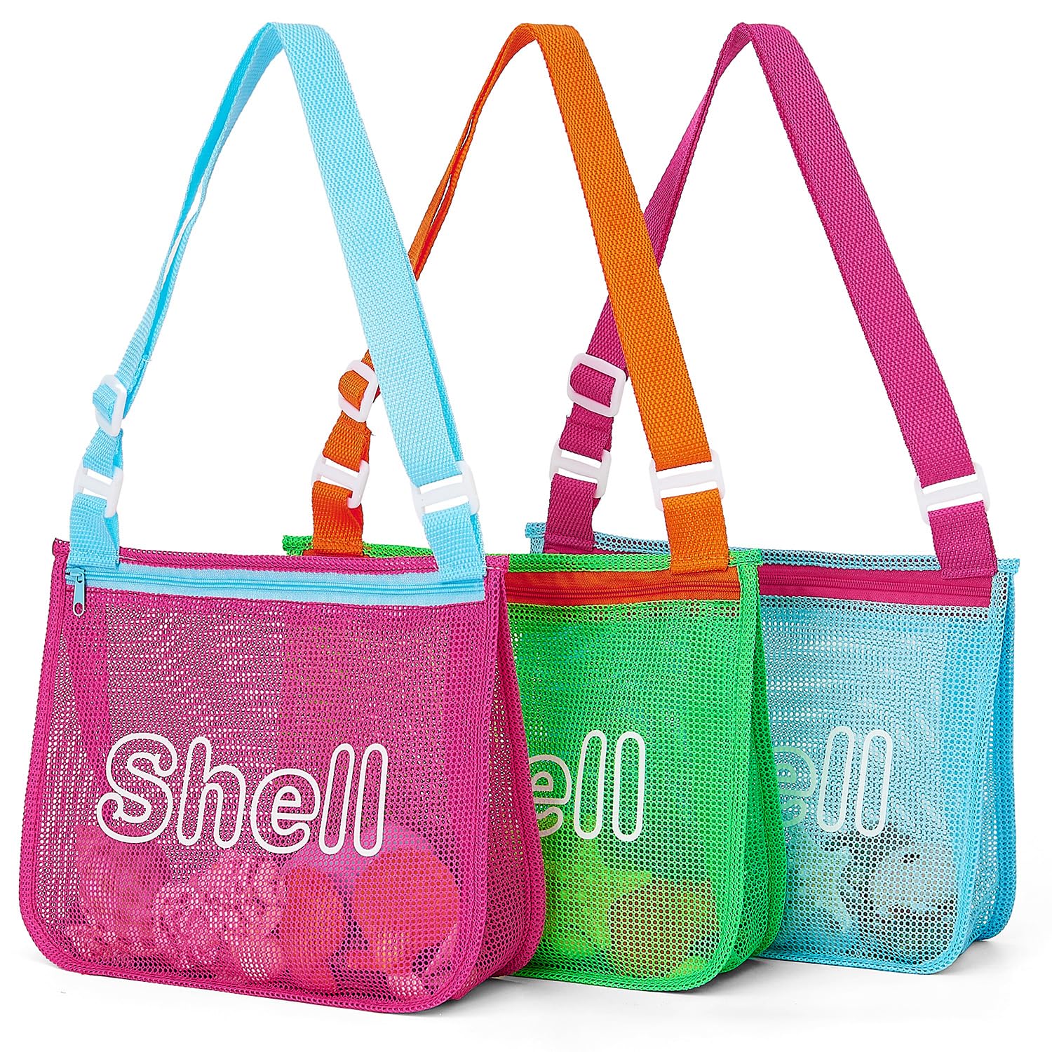 3Pcs Kids Beach Toy Mesh Bags, Printed Seashell Bags for Shell Collecting, Lightweight & Foldable with Adjustable Straps, Portable for Pool and Beach Essentials