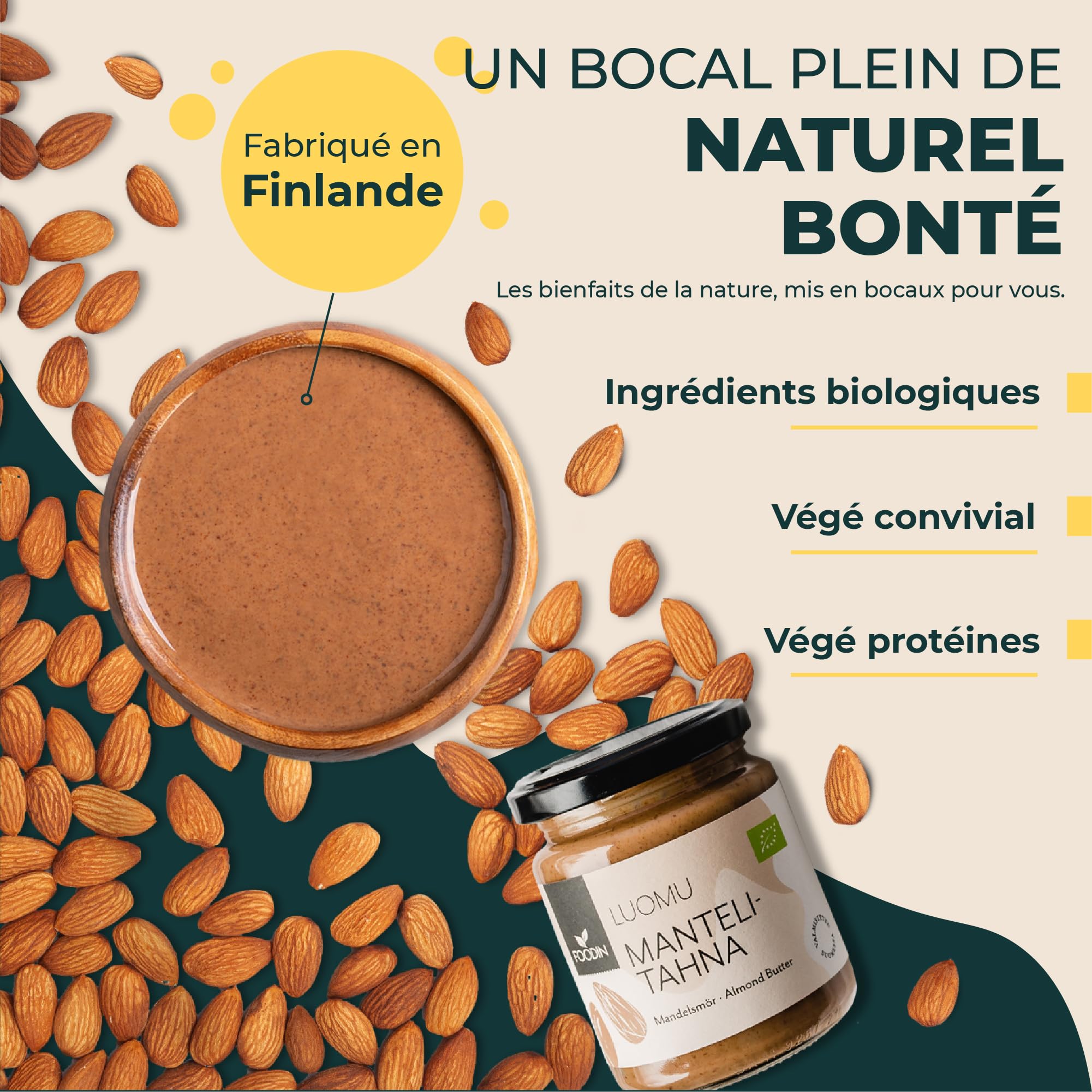 FOODIN Beurre d’amande brun, pâte à tartiner au beurre d’amande bio, bonne source de protéines et d’acides gras, 100% amande, sans gluten et végétalien (2 x 250g)