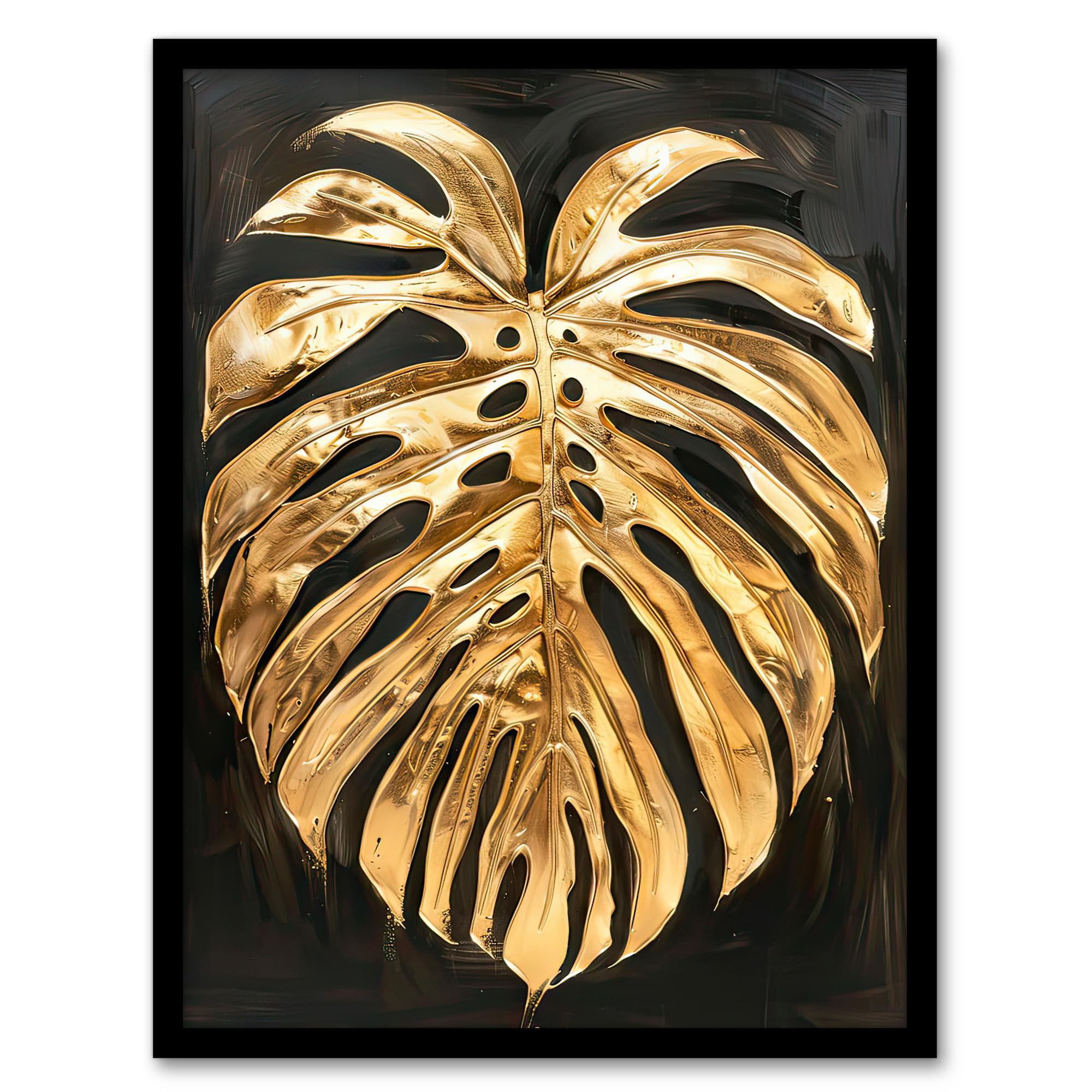 Artery8 Golden Monstera Leaf Dark Painting Framed Art Print - A4 Size