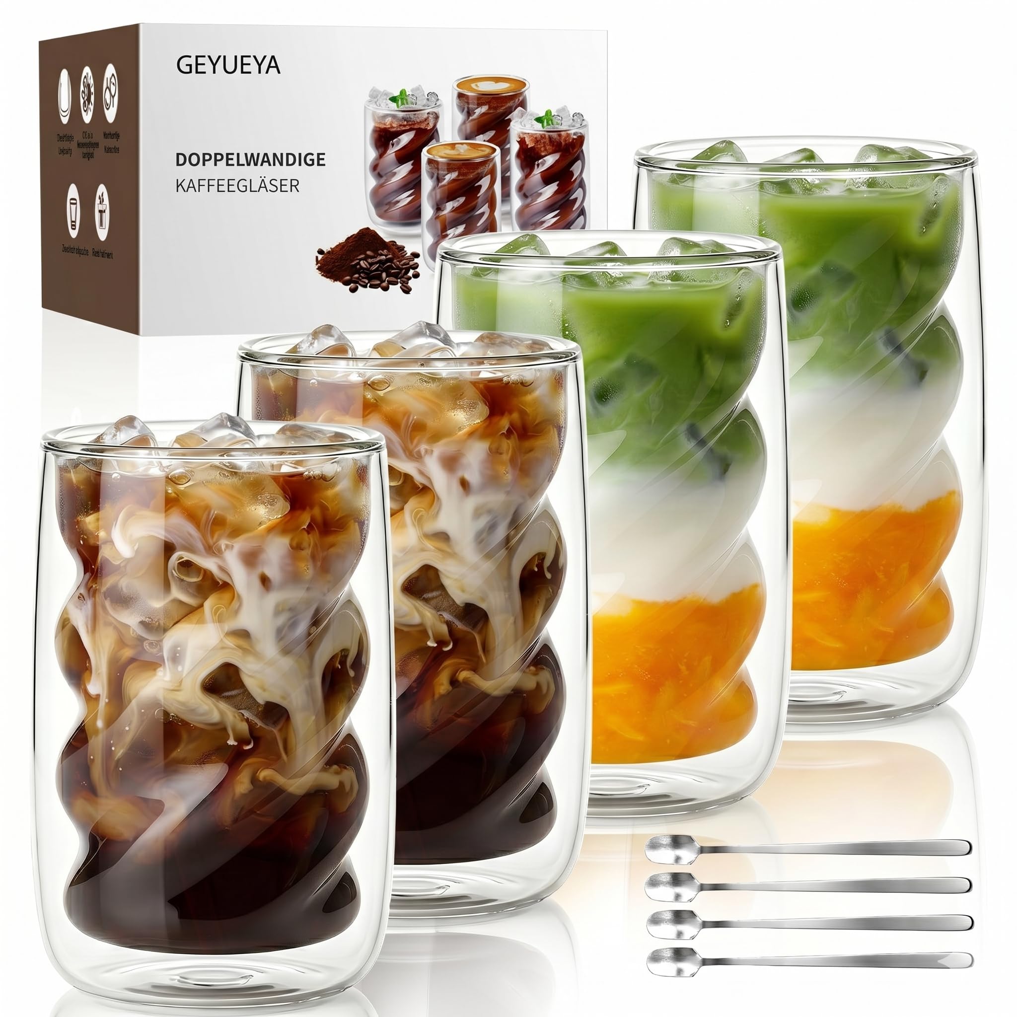Latte Macchiato Gläser 350ml 4er Set - Thermoglas Doppelwandige Kaffeegläser Hält Bis Zu 1 Stunde Länger Kühl, Spiralförmiges Design, mit Löffeln, Bleifrei Cadmiumf