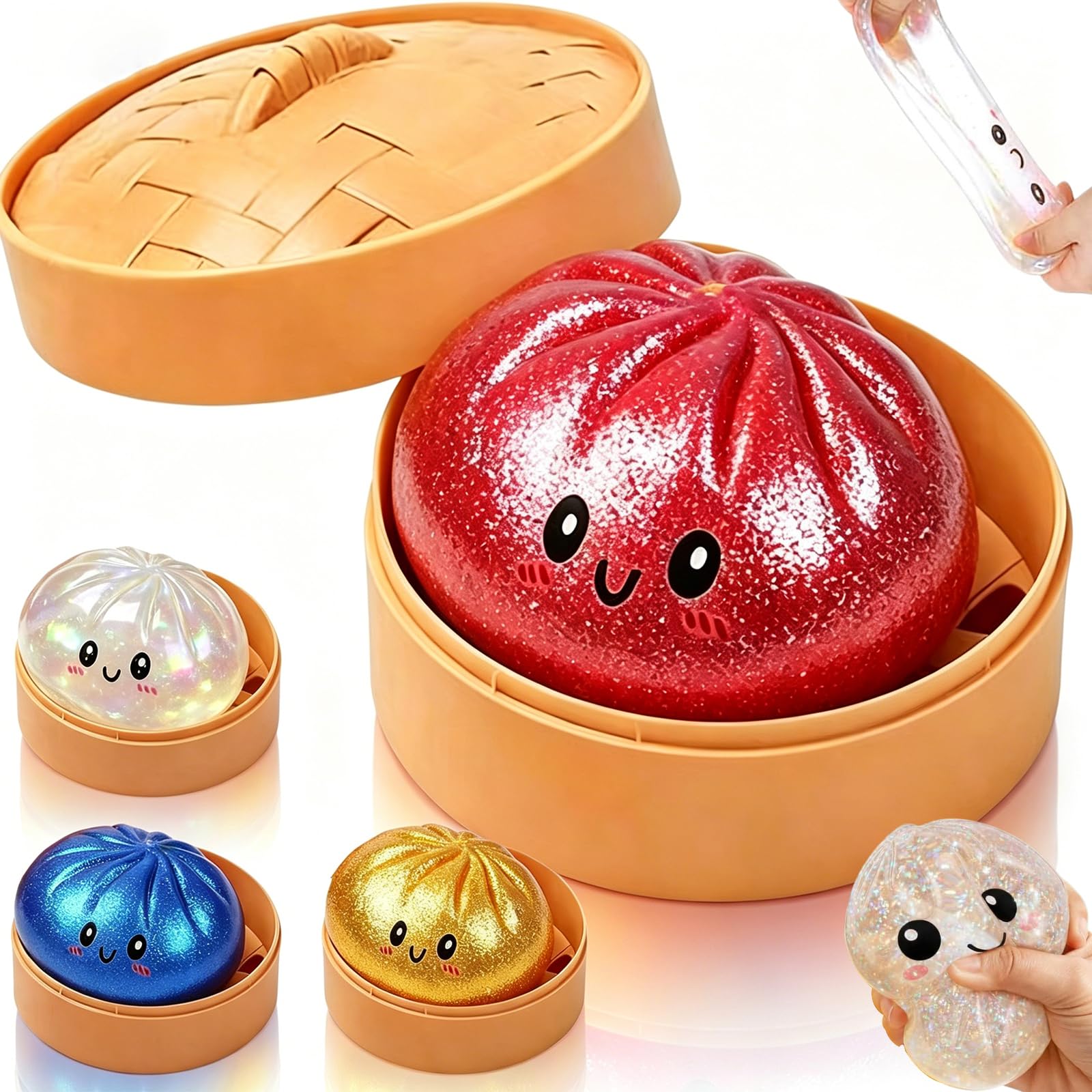 Oversized Dumpling Squishies Sensory Stress Ball, Giant Glitter Stretchy Squeeze Dough Ball with Steamer Fidget for Calm & Relaxation, Shiny Red — image 1
