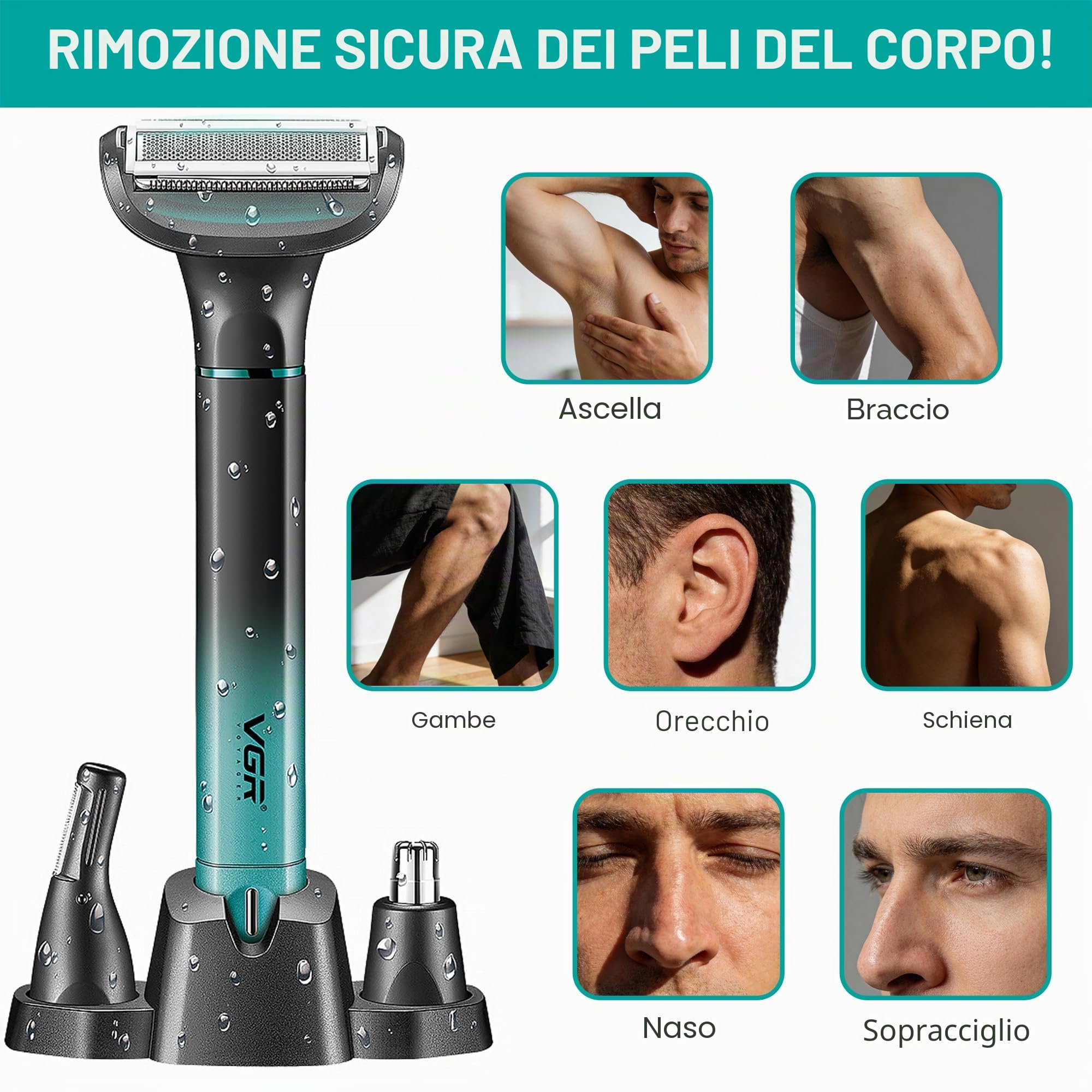 VGR 625 Rasoio Intimo Uomo 3 in 1, Body Groomer Uomo Senza Fili, Rifinitore Peli del Naso e del Corpo con Base, Adatto per Petto, Gambe, Ascelle, Naso e Viso, IPX5, Verde