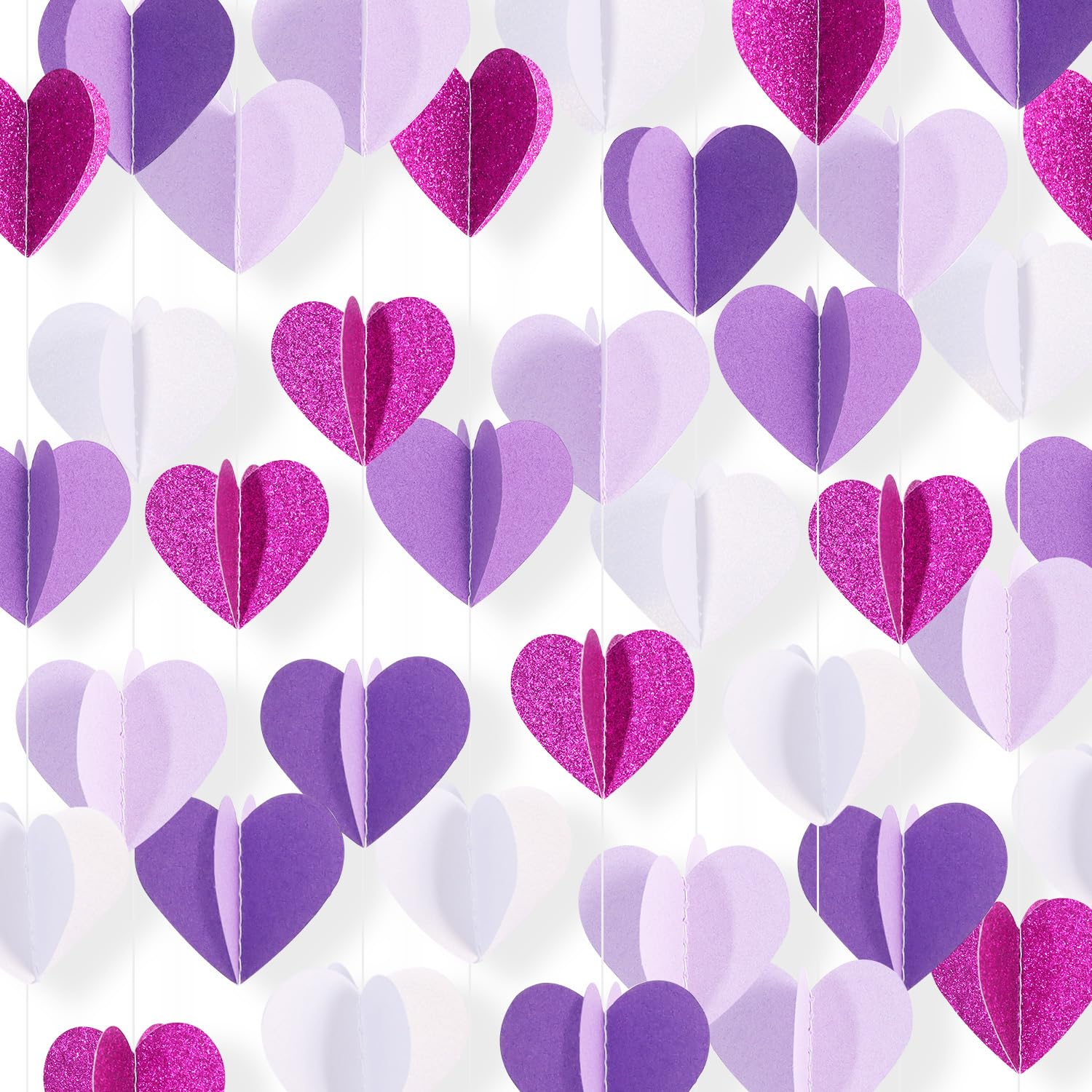 RICHHHA 49FT Purple White 3D-Heart-Shaped Garland Banner for Valentine's Day Galentine’s Day Decoration Hanging Paper Streamers,Engagement Wedding,