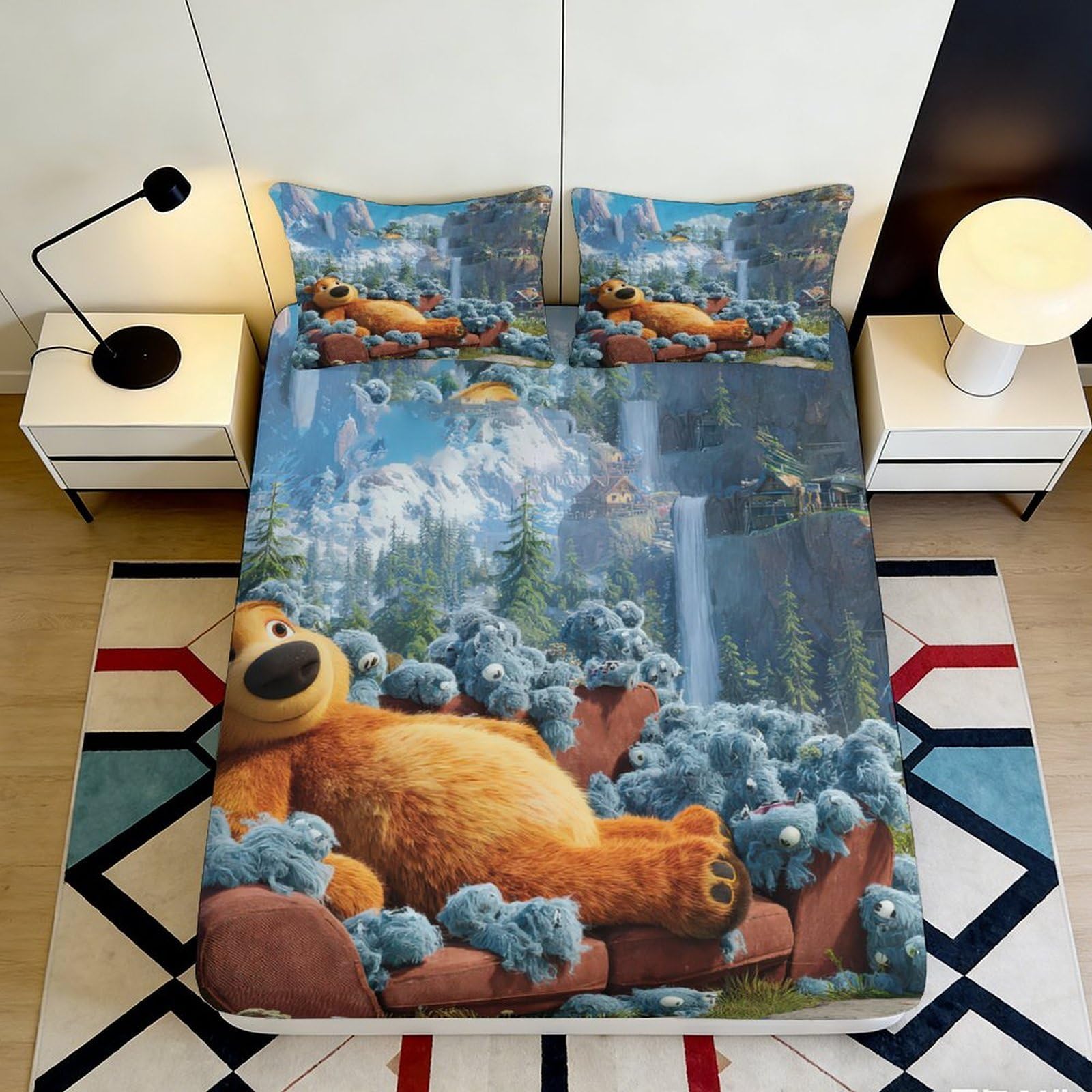 3D Printed Cartoon Bear Fitted Sheet Microfiber Soft Breathable Mountain Landscape Bed Cover for Bedroom Dormitory Guest Room Mattress Protection 180x200x25cm