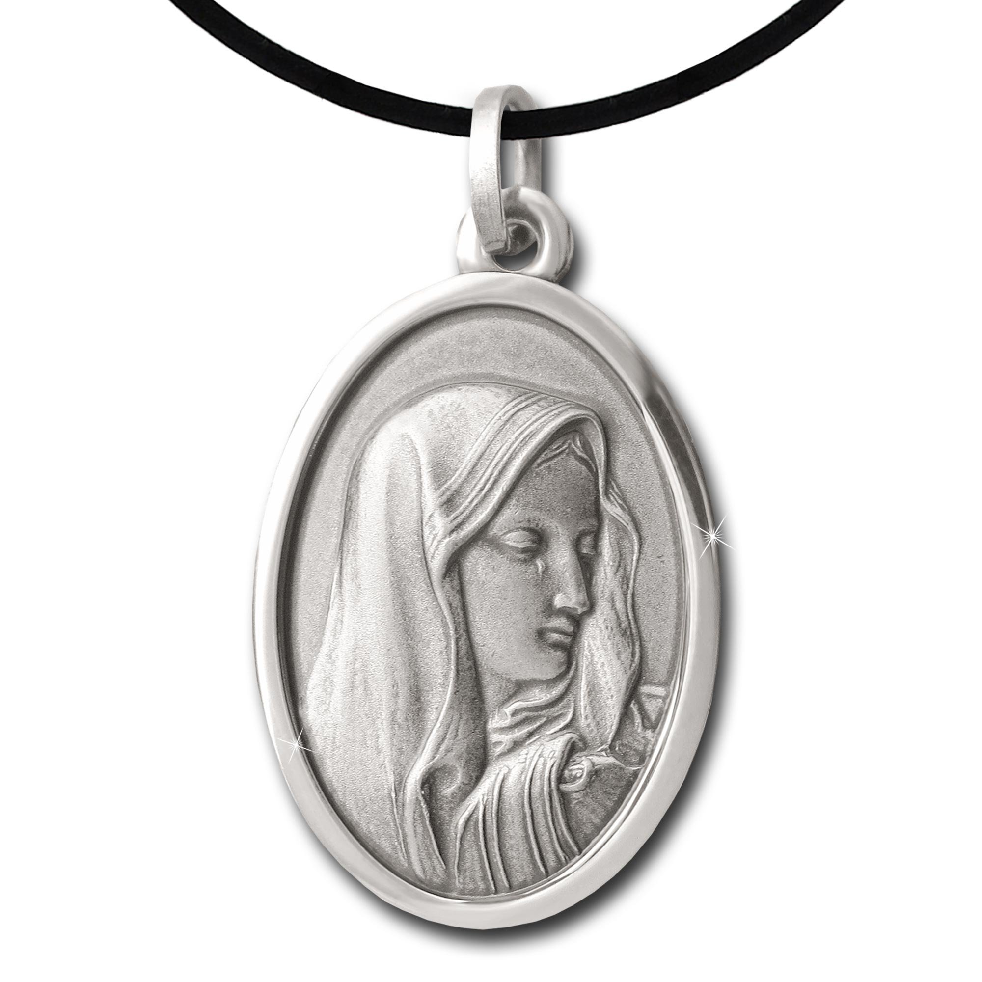 Clever - Medalla ovalada de la Virgen María, 22 mm, plata de ley 925, diseño envejecido con cordón de piel