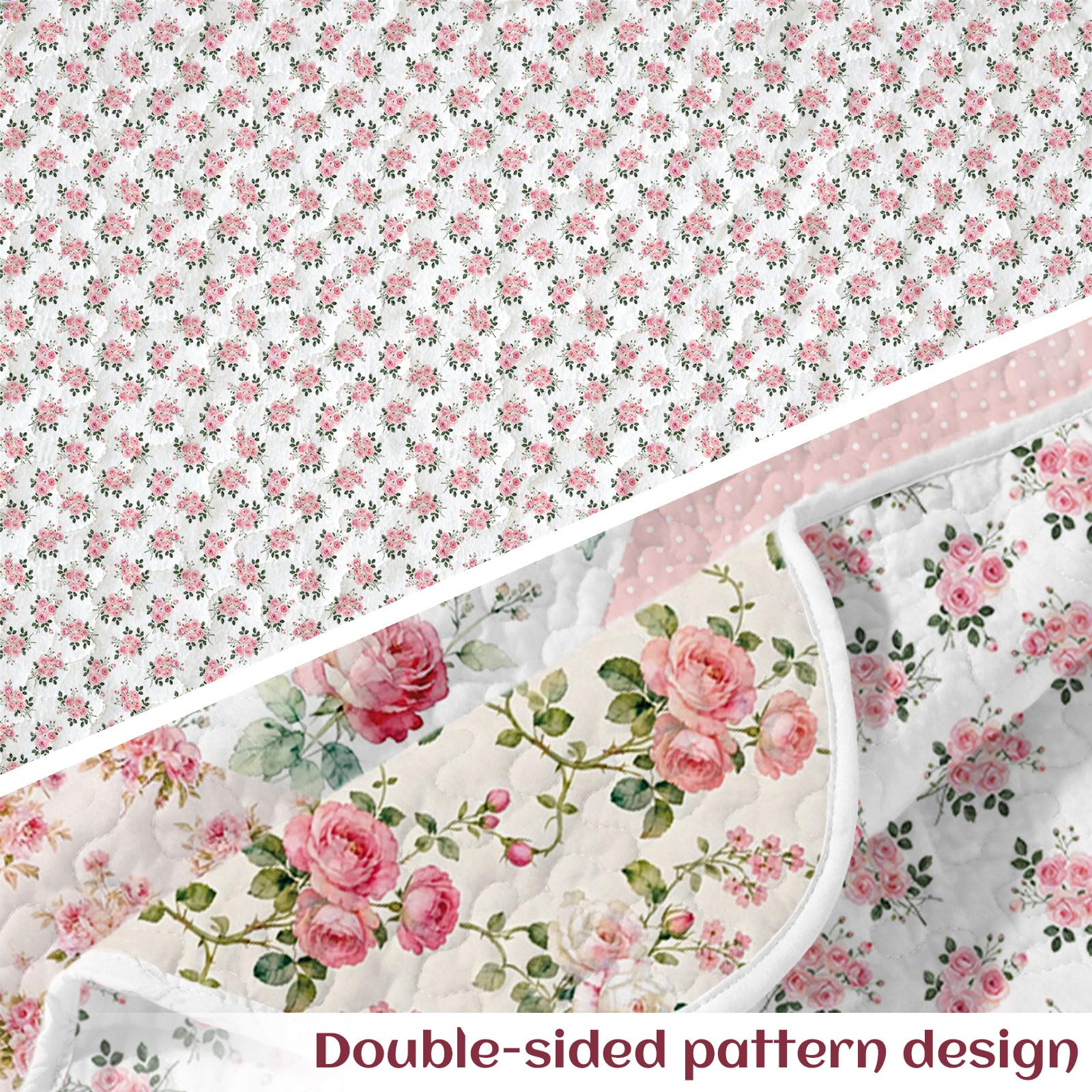 GLOBLELAND Rose Gesteppte Tagesdecke 150x130 cm rosa Blume leichte Decke Steppdecke wendbar floral Patchwork für Couch Sessel Sofa Bett Homeoffice Zimmer Geschenk