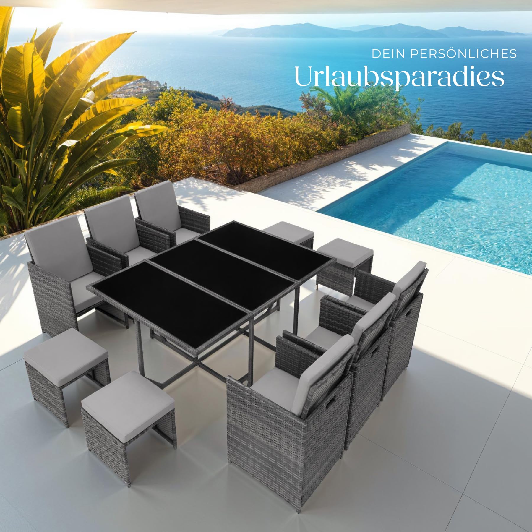 tectake® Outdoor Balkon Gartenmöbel Set, Lounge mit 6 Stühlen, 4 Hocker und 1 Tisch, Poly Rattan Geflecht, wetterfest, platzsparend - grau