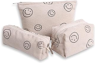 3Pcs Smile Corduroy Cosmetic Bag Makeup Bag Aesthetic Preppy Makeup Bags for Women Girls Corduroy Toiletry Pouch Travel Bags Washable Skincare Bag (3Pcs beige)