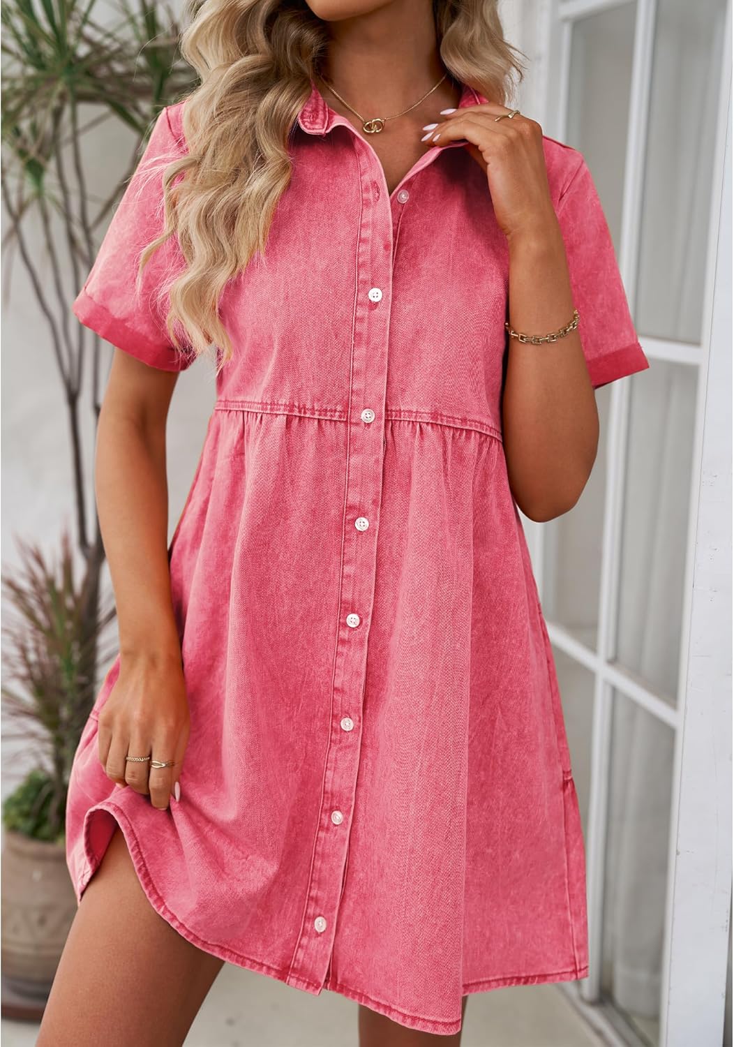 GRAPENT Denim Dress for Women Babydoll Tiered Short Sleeve Button Down Jean Shirt Dresses - Image 3
