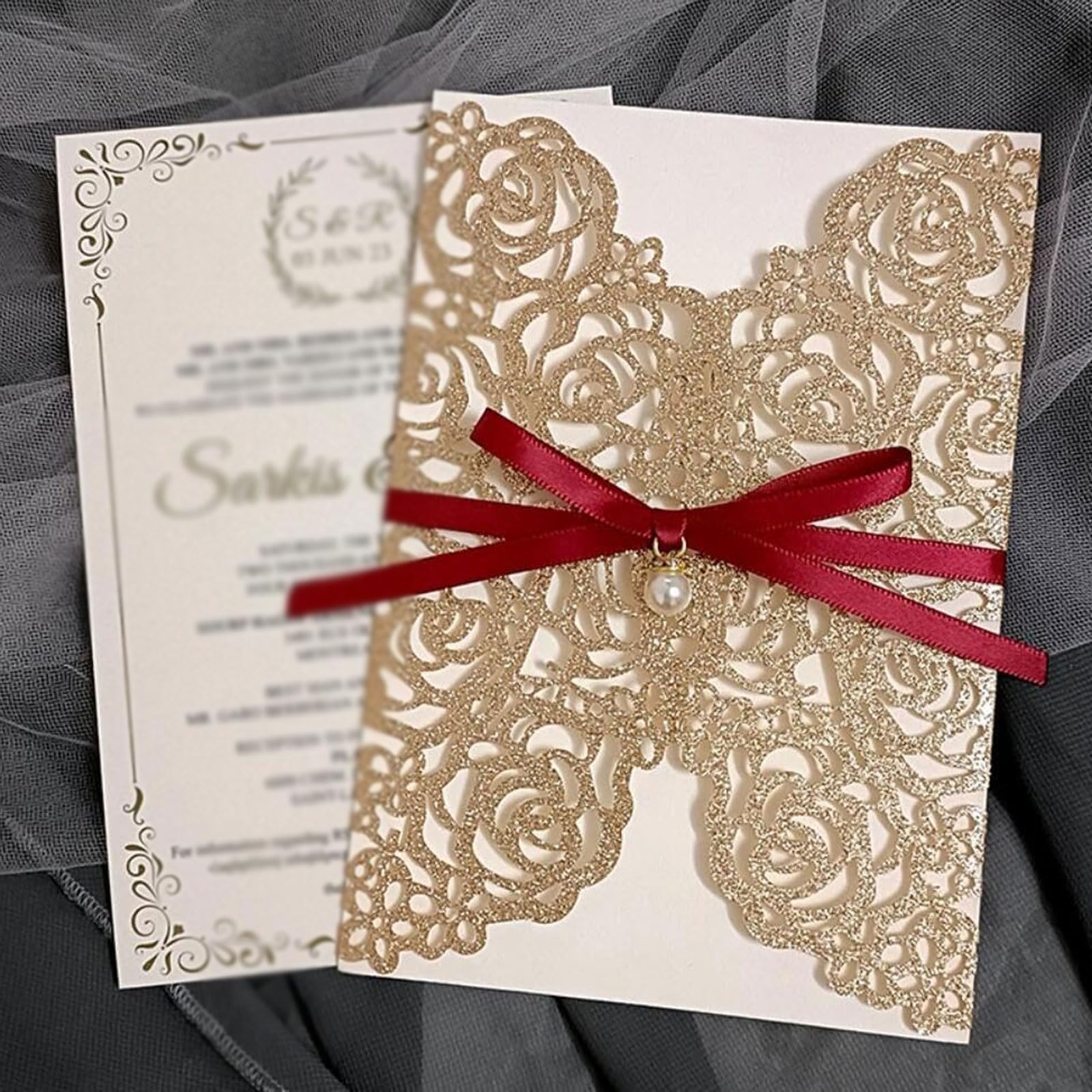 esmen 50 Sets 5 x 7 Cartes d'invitations de Mariage à Fleurs de Rose au Laser, Champange Gold Invitaciones avec Bowknot et enveloppes Invitation pour l'invitation de Mariage