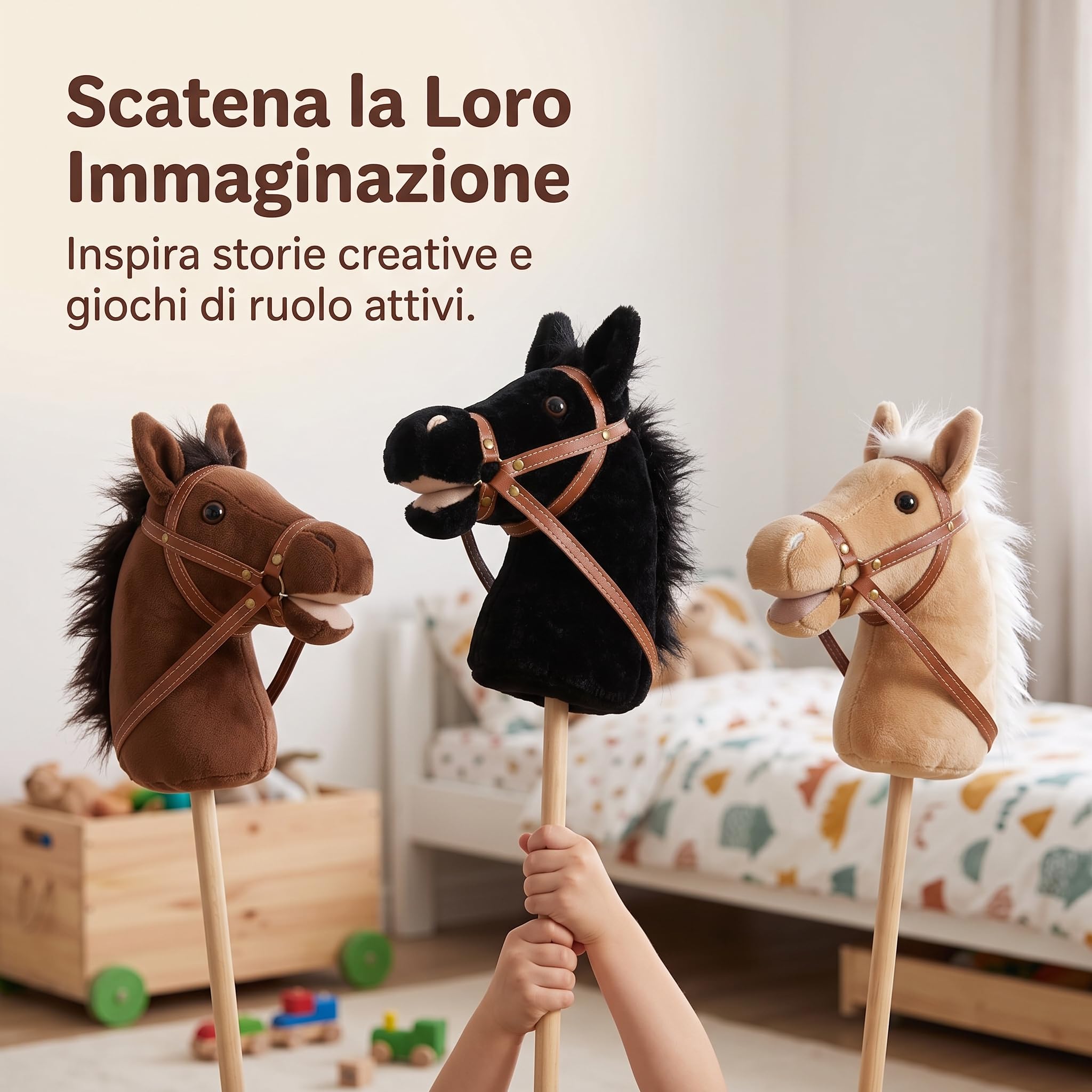 Hobby Horse Cavallo Bastone Realistico con Effetti , Cavallo Giocattolo Cavalcabile per Bambini , Nero , Bastone di legno + accessori maniglia non rimovibili