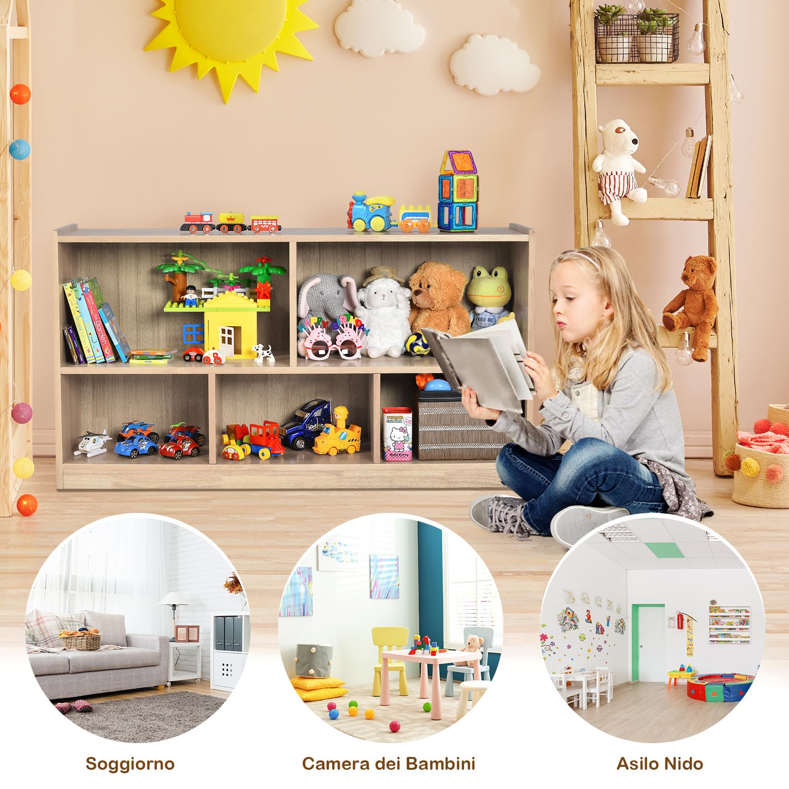 COSTWAY Libreria per Bambini e Organizer Giocattoli, Scaffale di Legno Con 5 Scompartimenti, Per Stanza dei Giochi Camera Dei Bambini Angolo di Lettura Classe Scuola Materna (Naturale)