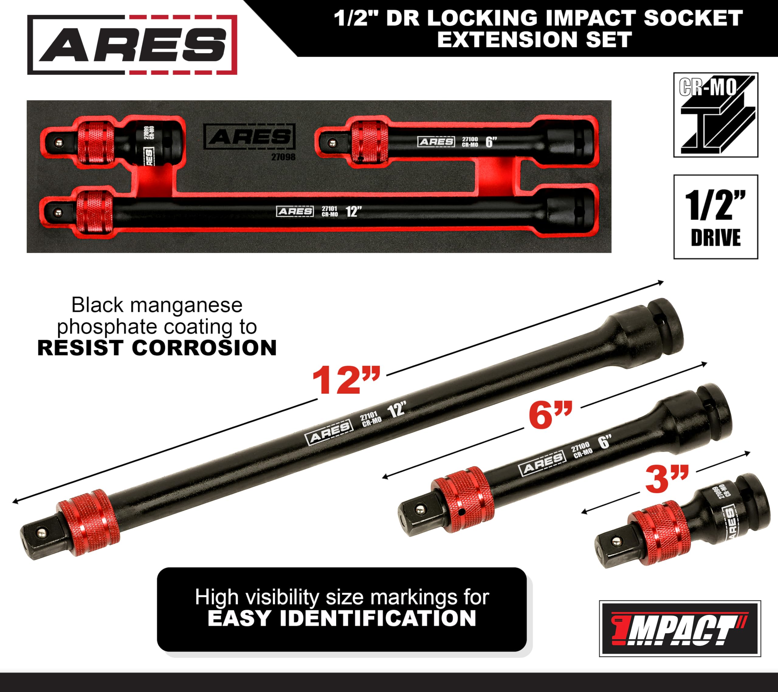 ARES 27098 3-Pc 1/2-In Drive Locking Impact Socket Extension Set
