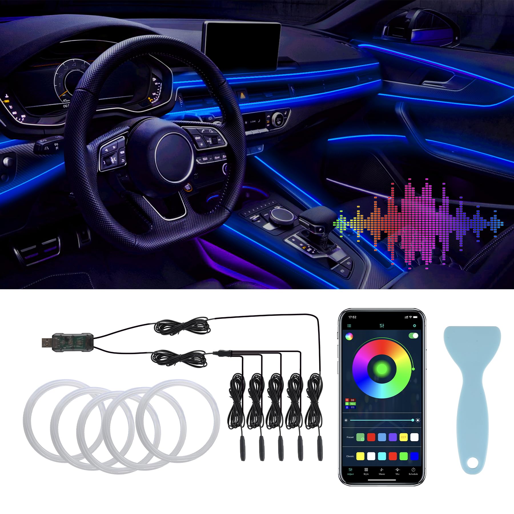 LivTee Smart Car LED Interior Lights with USB Port, LED Strip Fiber Optic Lights, Wireless App Control, Sync to Music, Car Accessories Gifts for Women Men, 5 in 1