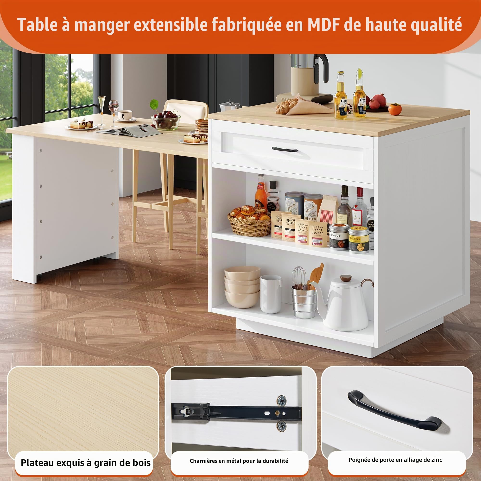Table de bar extensible avec espace de rangement (133-202 x 70 x 93,5 cm), avec deux tiroirs et quatre compartiments, îlot de cuisine, table extensible, pour 2 à 6 personnes, chariot de cuisine